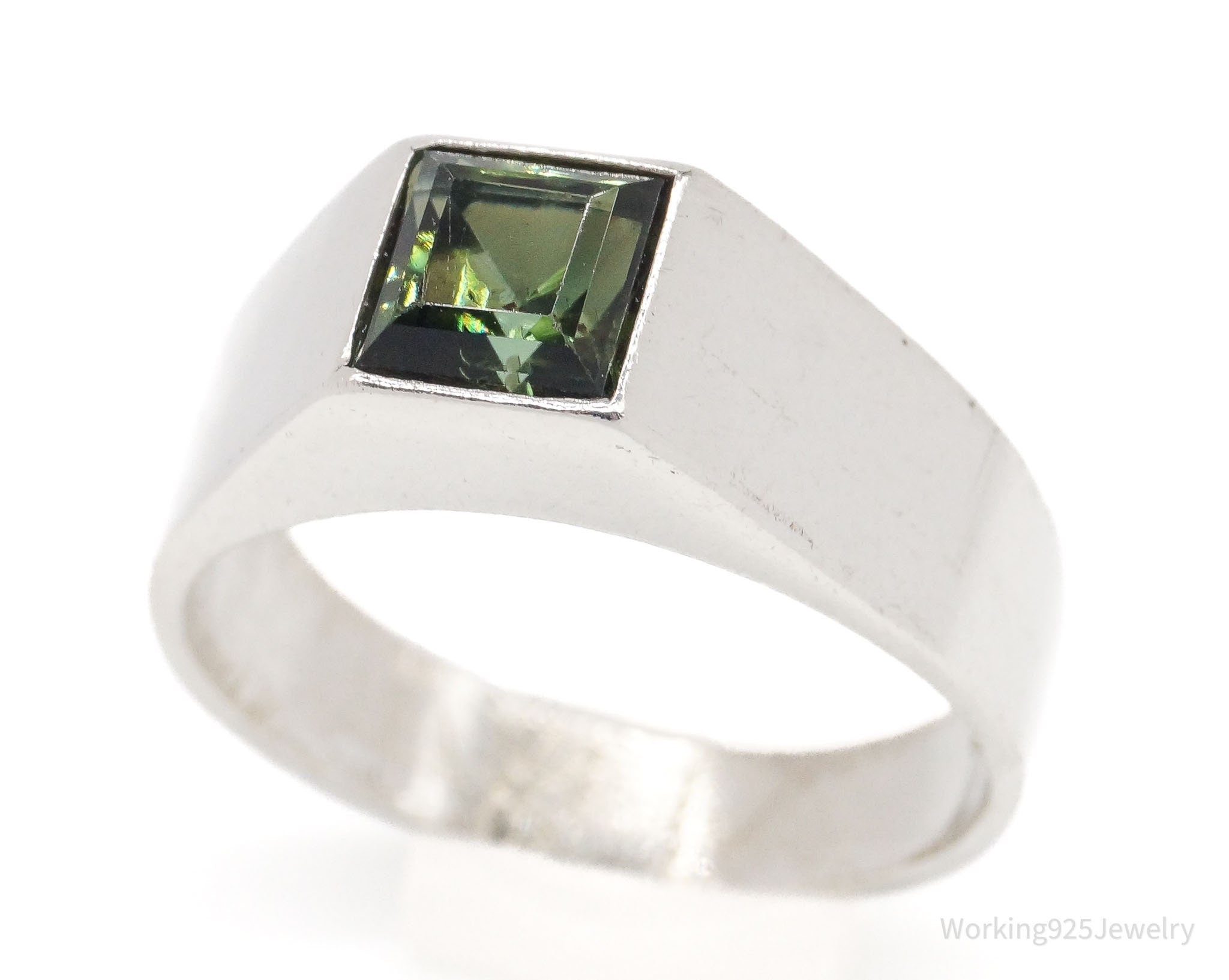 Vintage Green Tourmaline 950 Silver Band Ring - Size 6.25