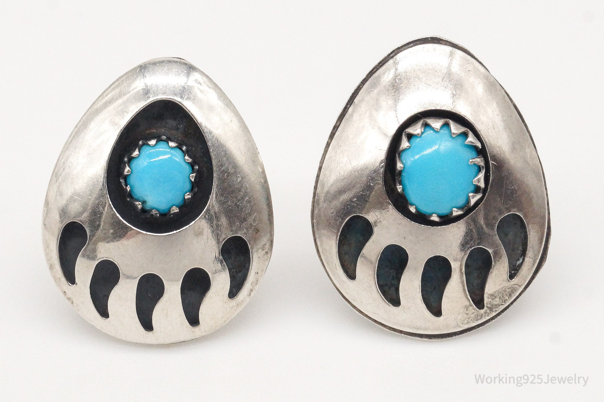 Vintage Native American Turquoise Bear Paw Print Sterling Silver Earrings