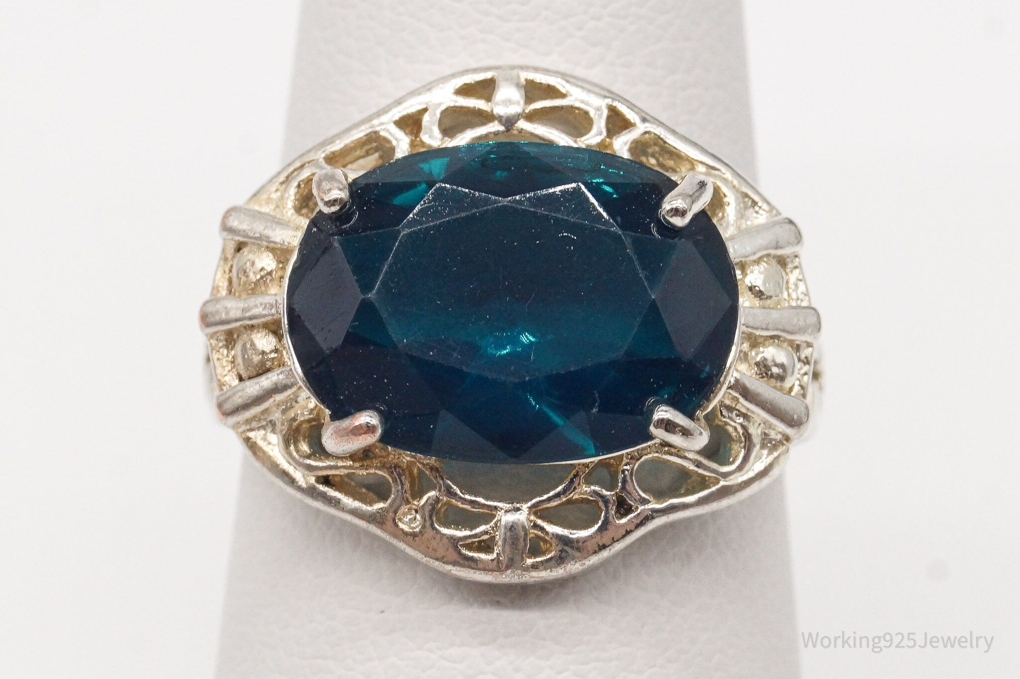 Vintage Blue Stone Sterling Silver Plated Ring - Size 6.75