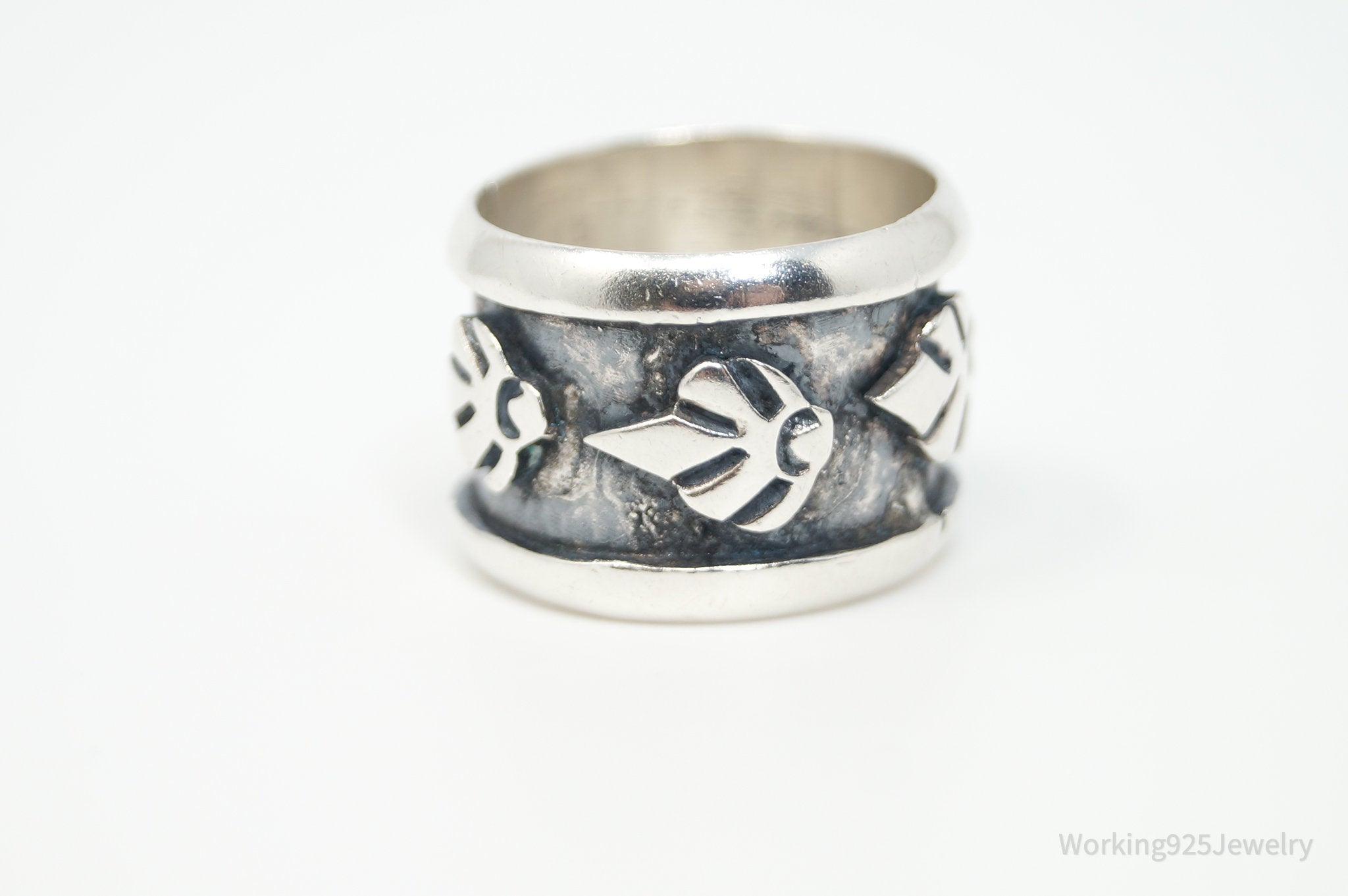 Vintage Mexico Designer Oxidized Sterling Silver Band Ring - Size 6.75