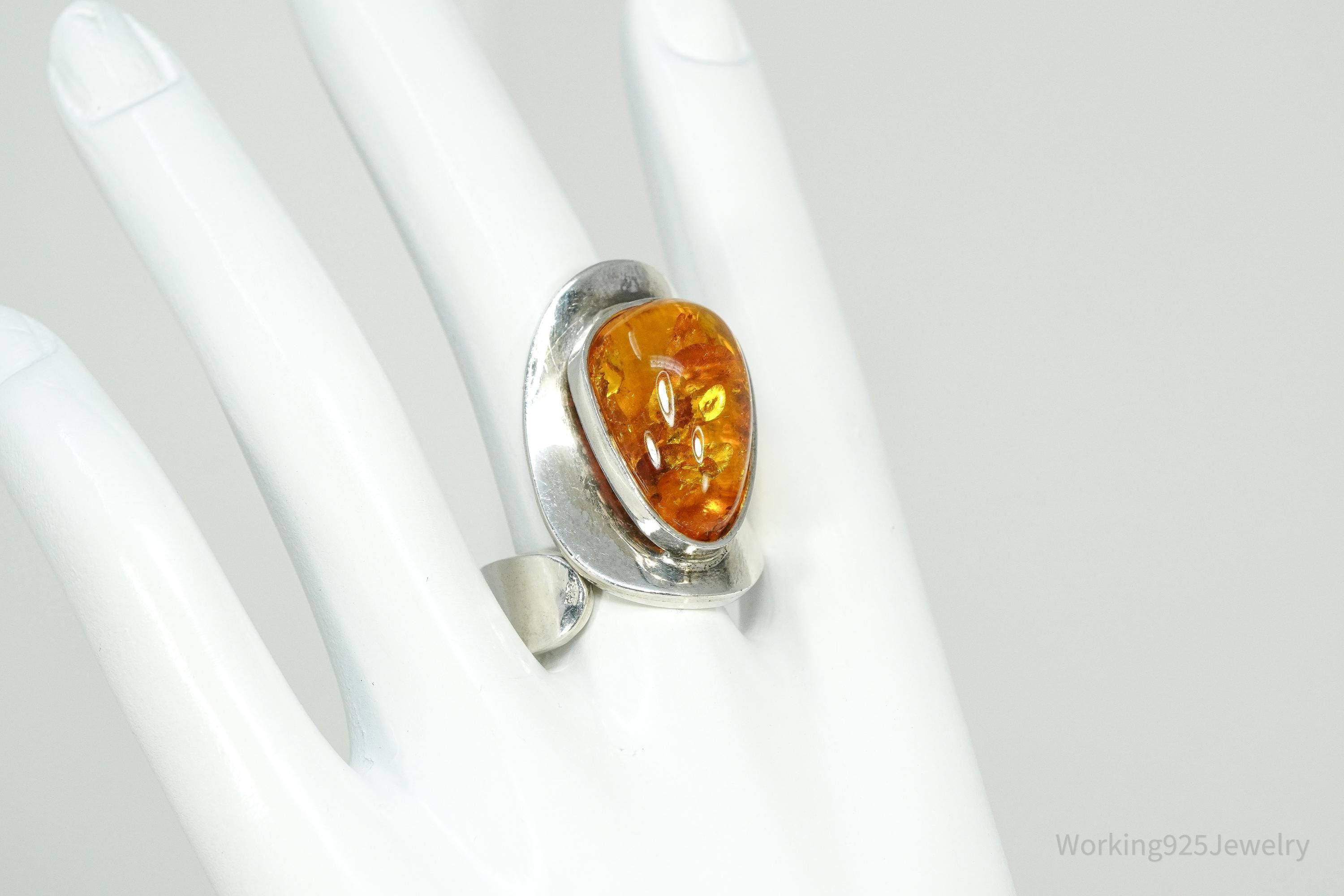 Vintage Large Amber Modernist Style Sterling Silver Ring - Size 9