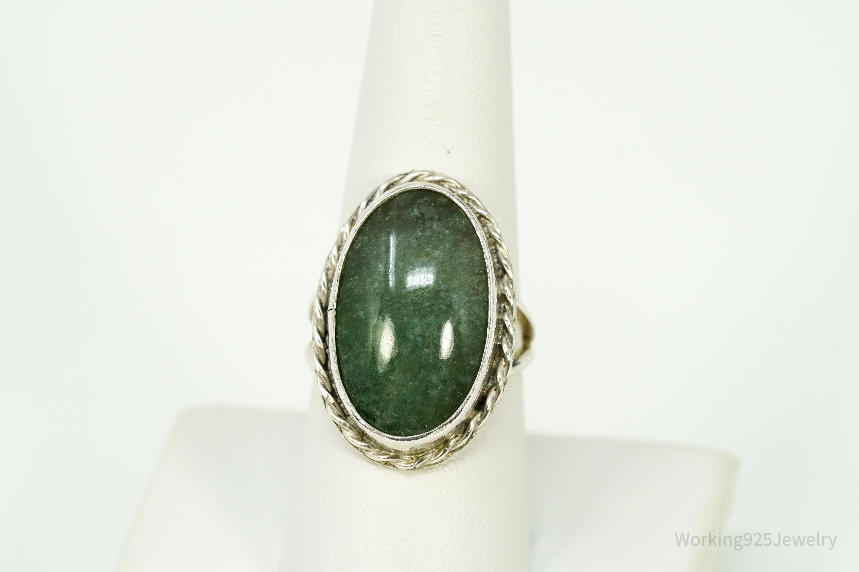 Vintage Green Jade Silver Ring - Size 8.25