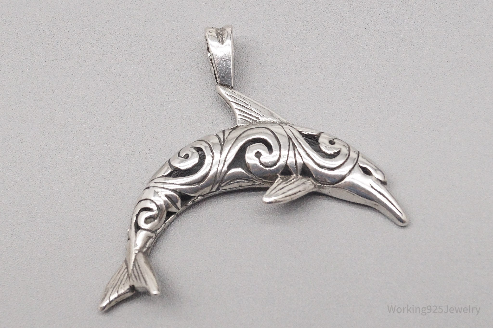 Vintage Large Scroll Dolphin Sterling Silver Pendant