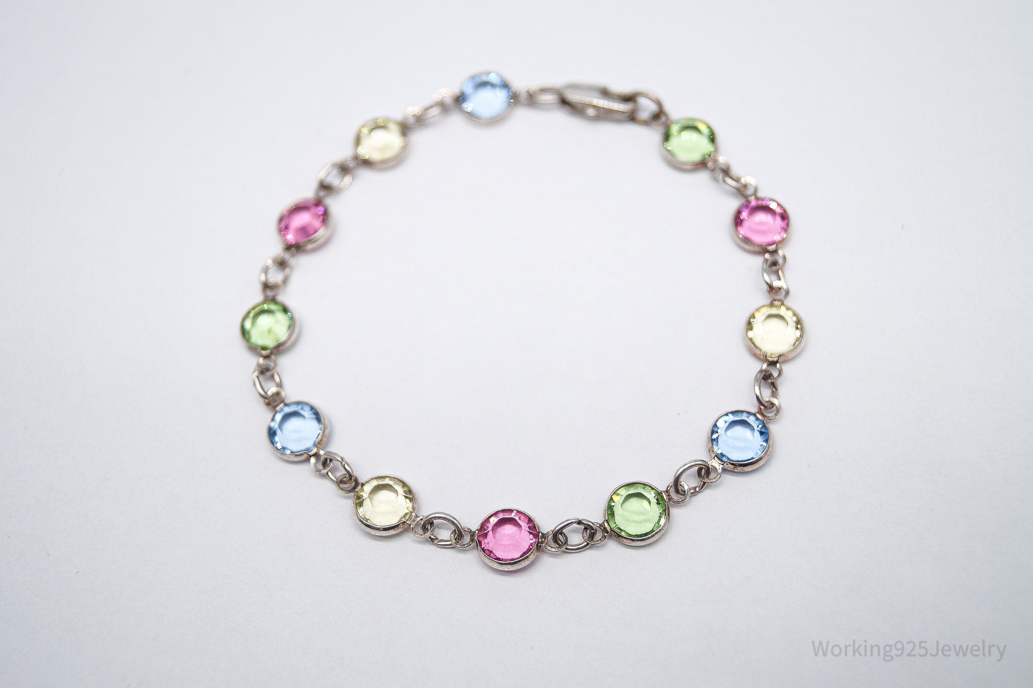Vintage Rainbow Crystal Silver Bracelet - 7.25"