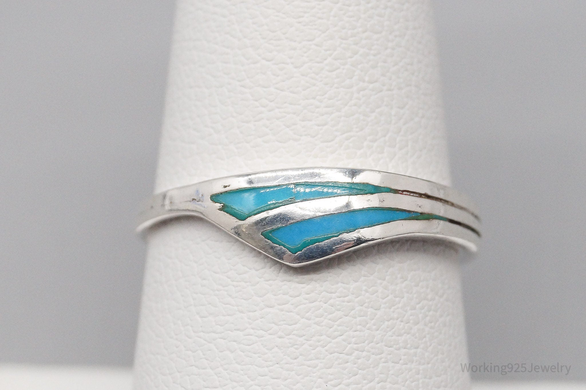 Vintage Turquoise Inlay Sterling Silver Ring - Size 7.75