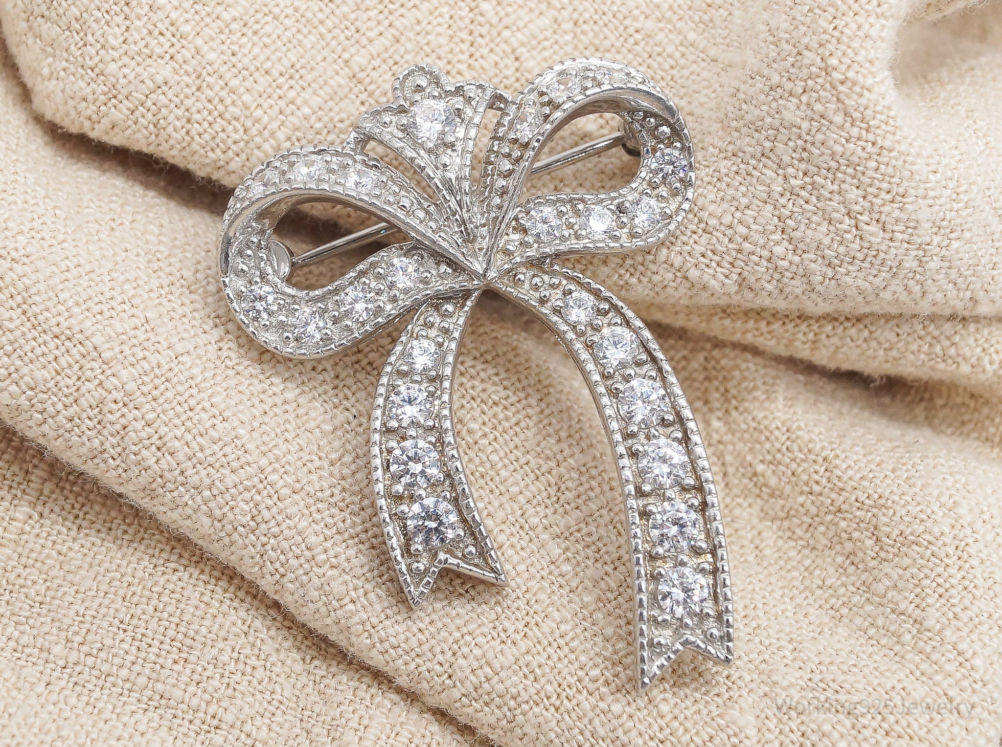 Vintage Diamonique Cubic Zirconia Sterling Silver Ribbon Bow Brooch Pin