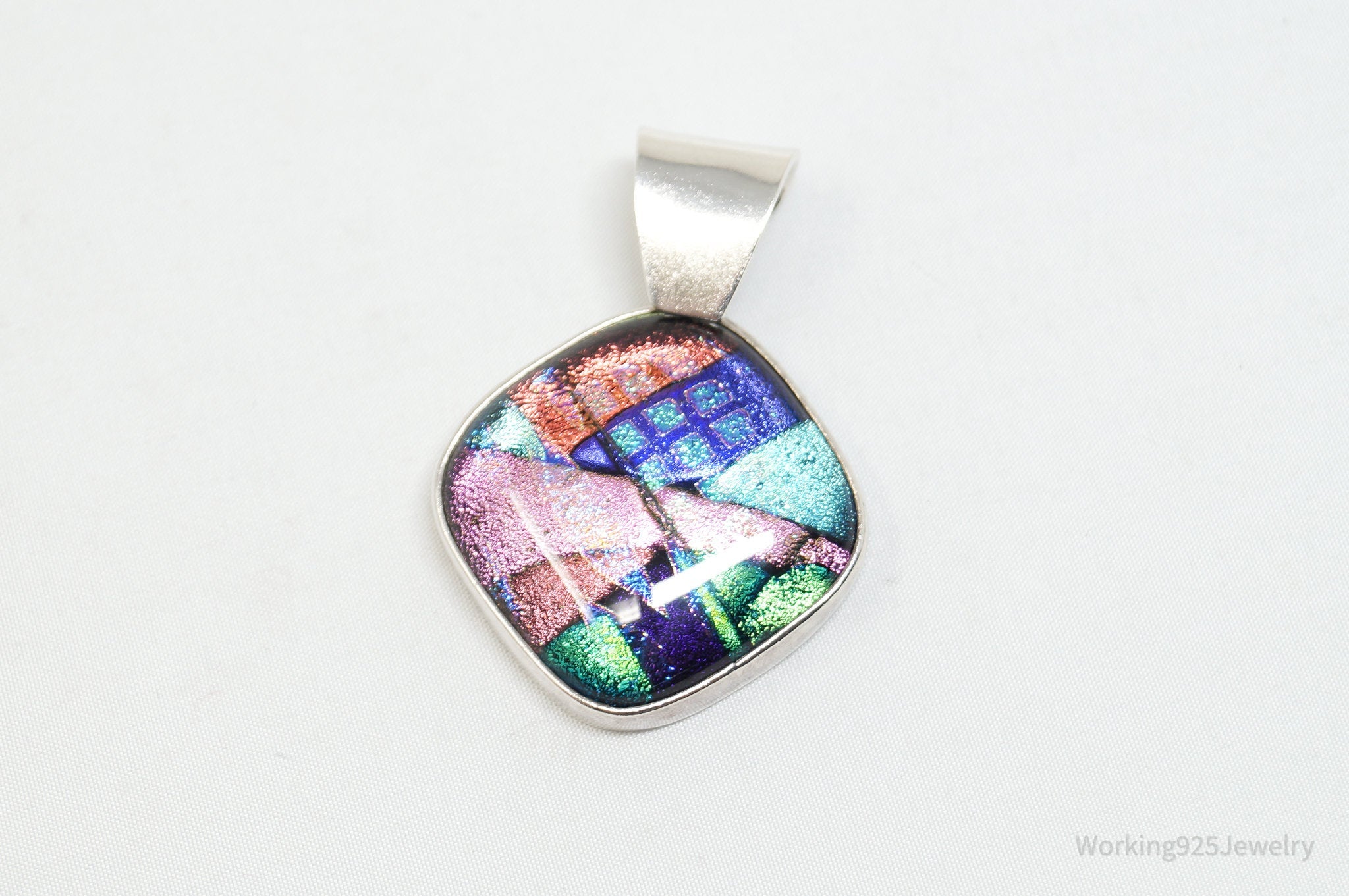 Vintage Large Dichroic Glass Sterling Silver Necklace Pendant