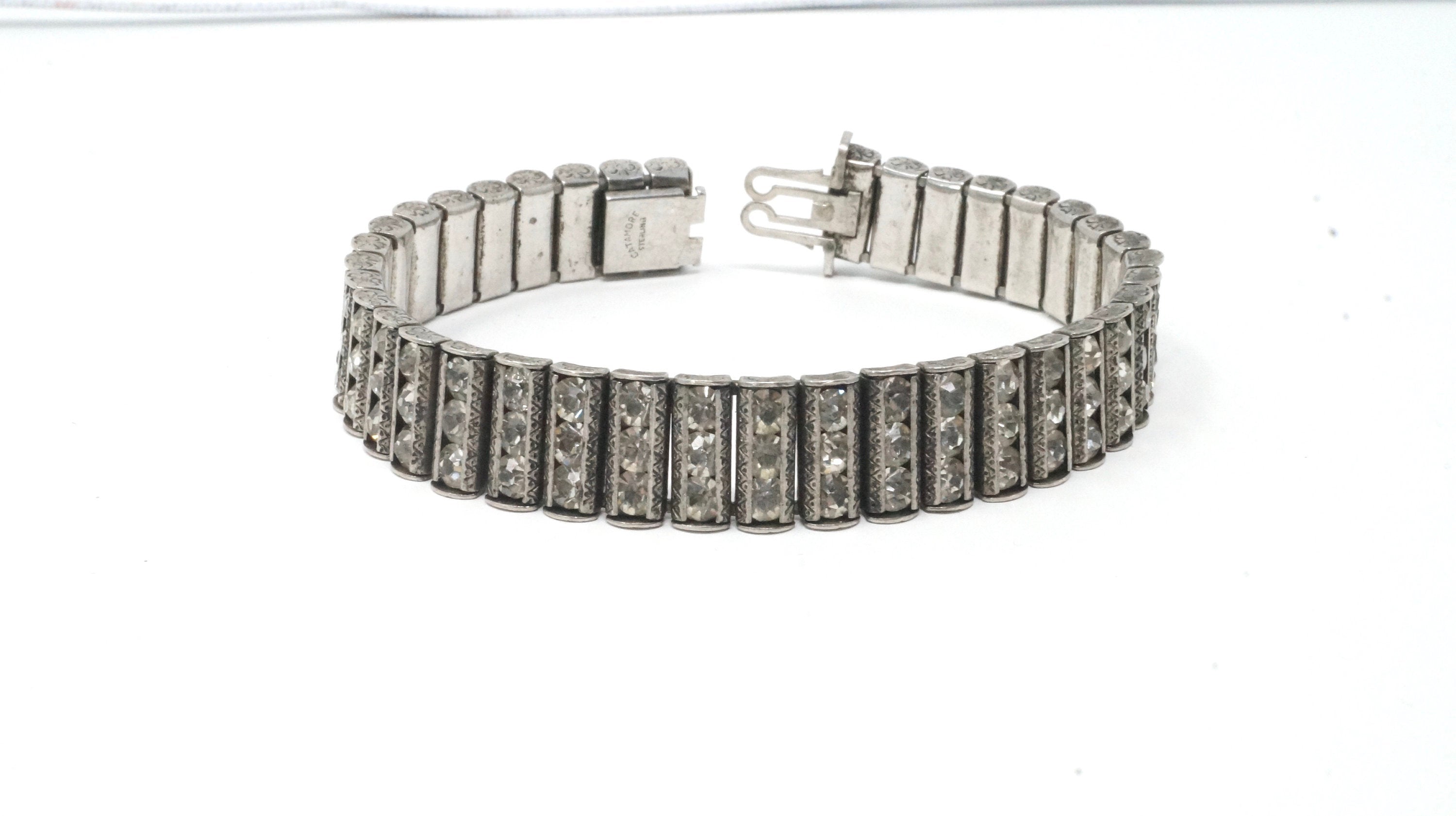 Vtg Designer Catamore 1940s Sterling Silver Rhinestone Art Deco Channel Bracelet