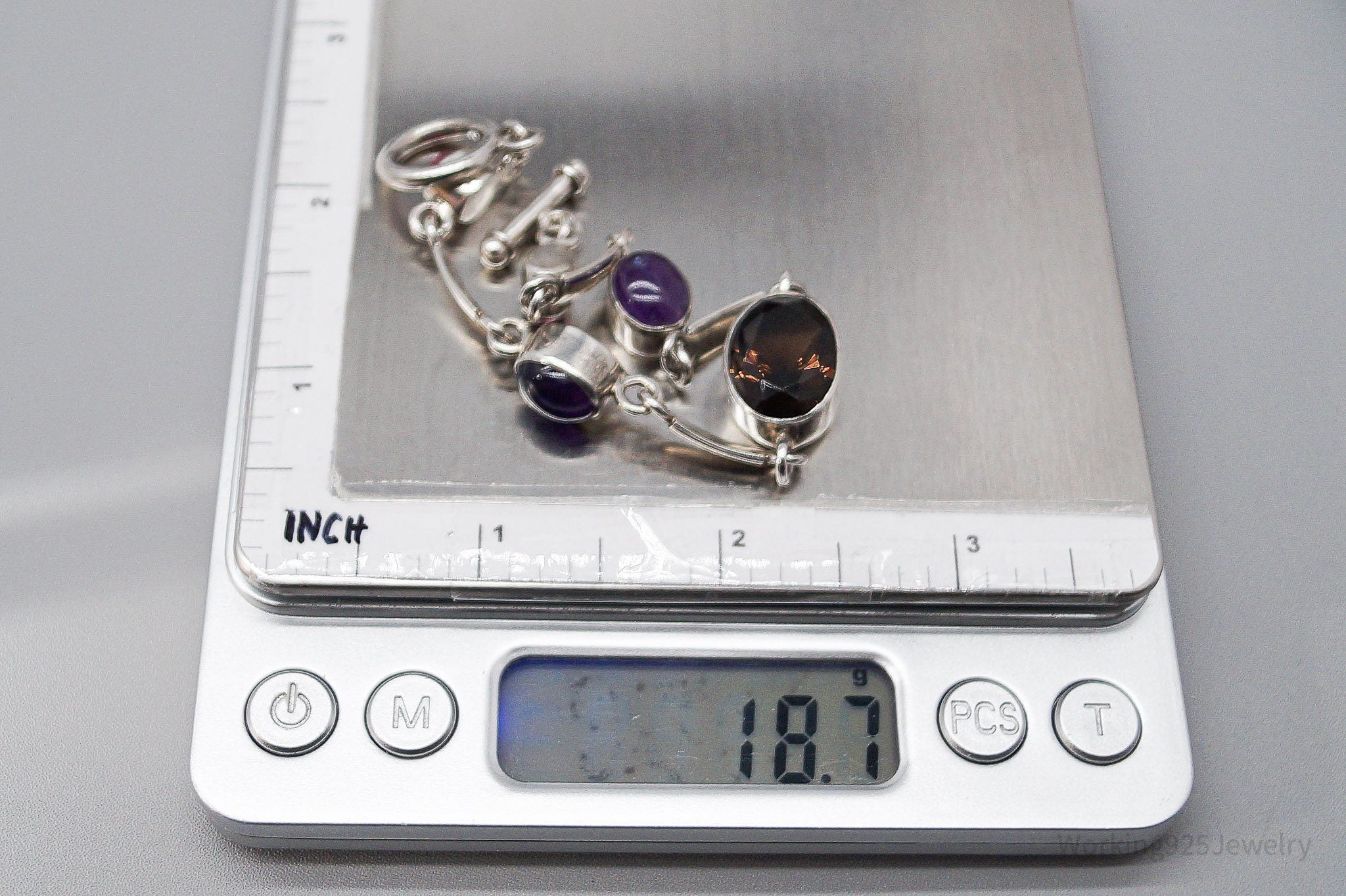 Vintage Smoky Topaz Amethyst & Pink Stone Sterling Silver Toggle Bracelet 7 5/8"