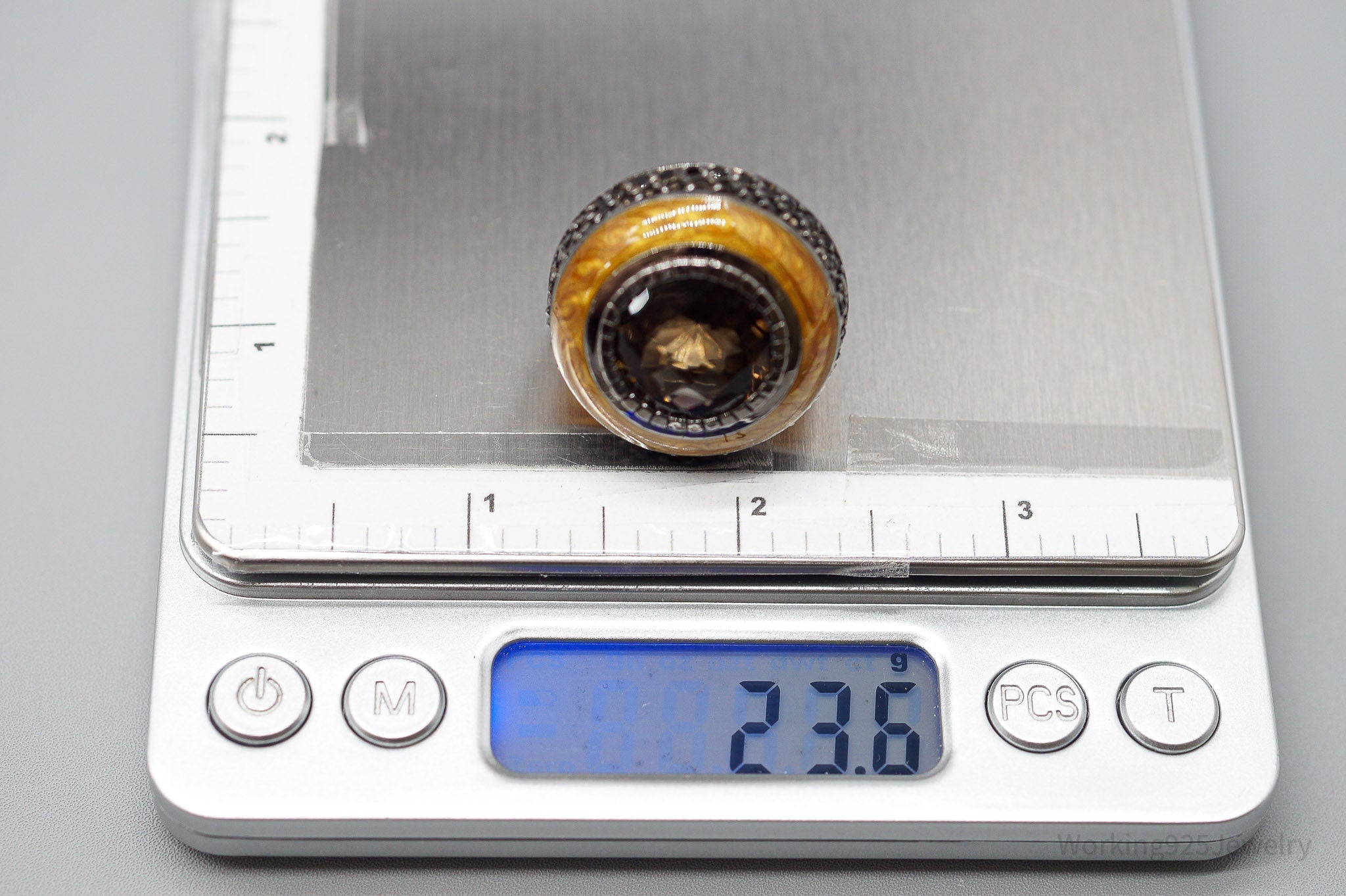 Vintage Large Smoky Topaz & Enamel Sterling Silver Ring - Size 5.75