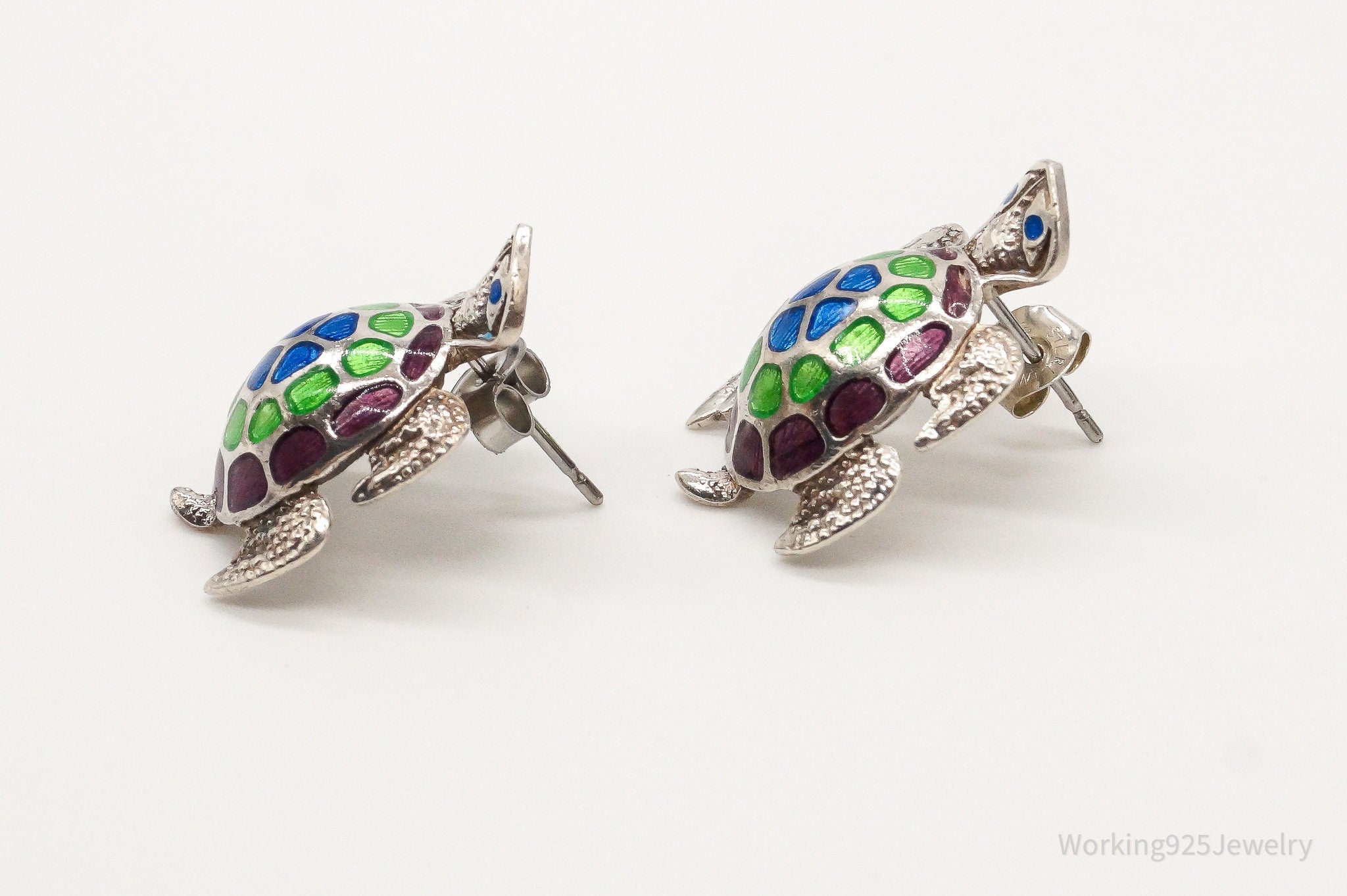 Vintage Enamel Sea Turtles 980 Silver Earrings