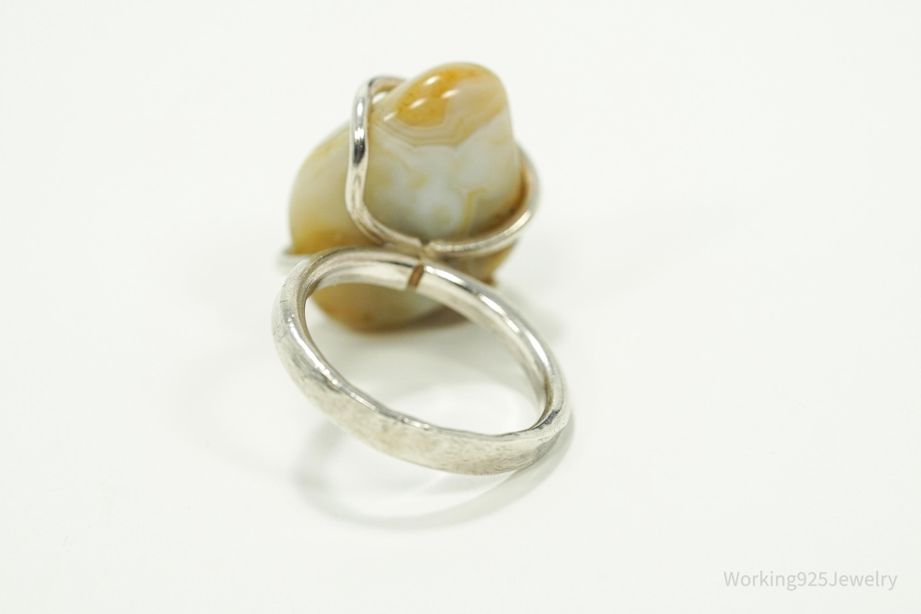 Vintage Lace Agate Silver Ring - Size 6
