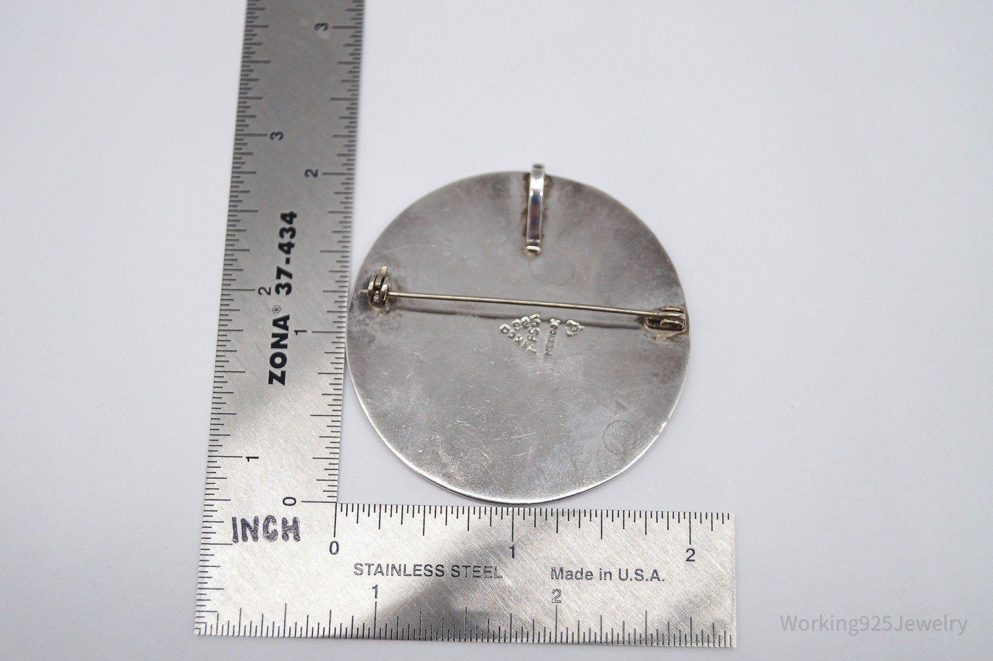 Vintage Large Mexico Gem Inlay Sterling Silver Brooch Pin Pendant 2"