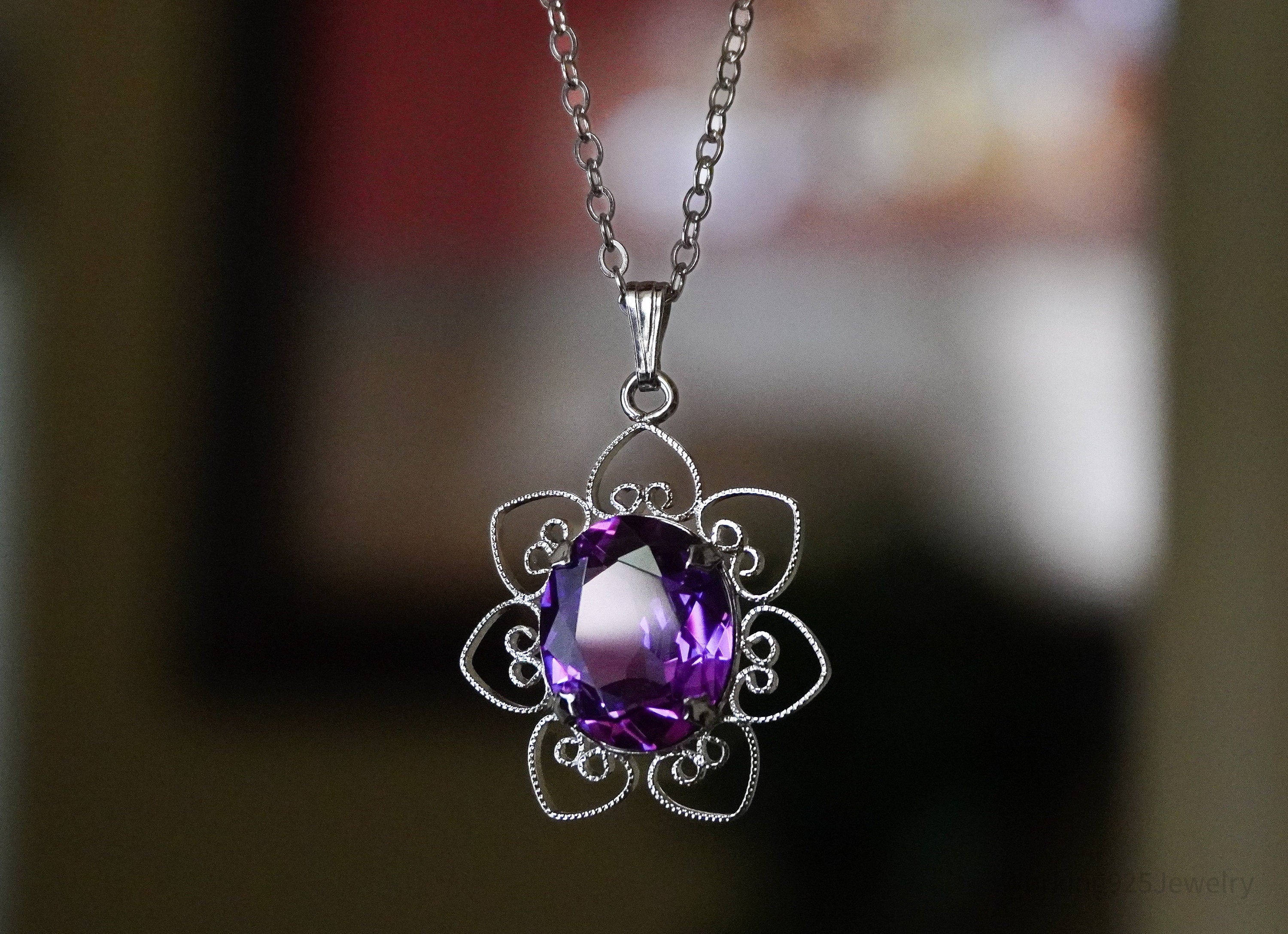 Vintage Color Change Stone Heart Flower Sterling Silver Necklace 18"