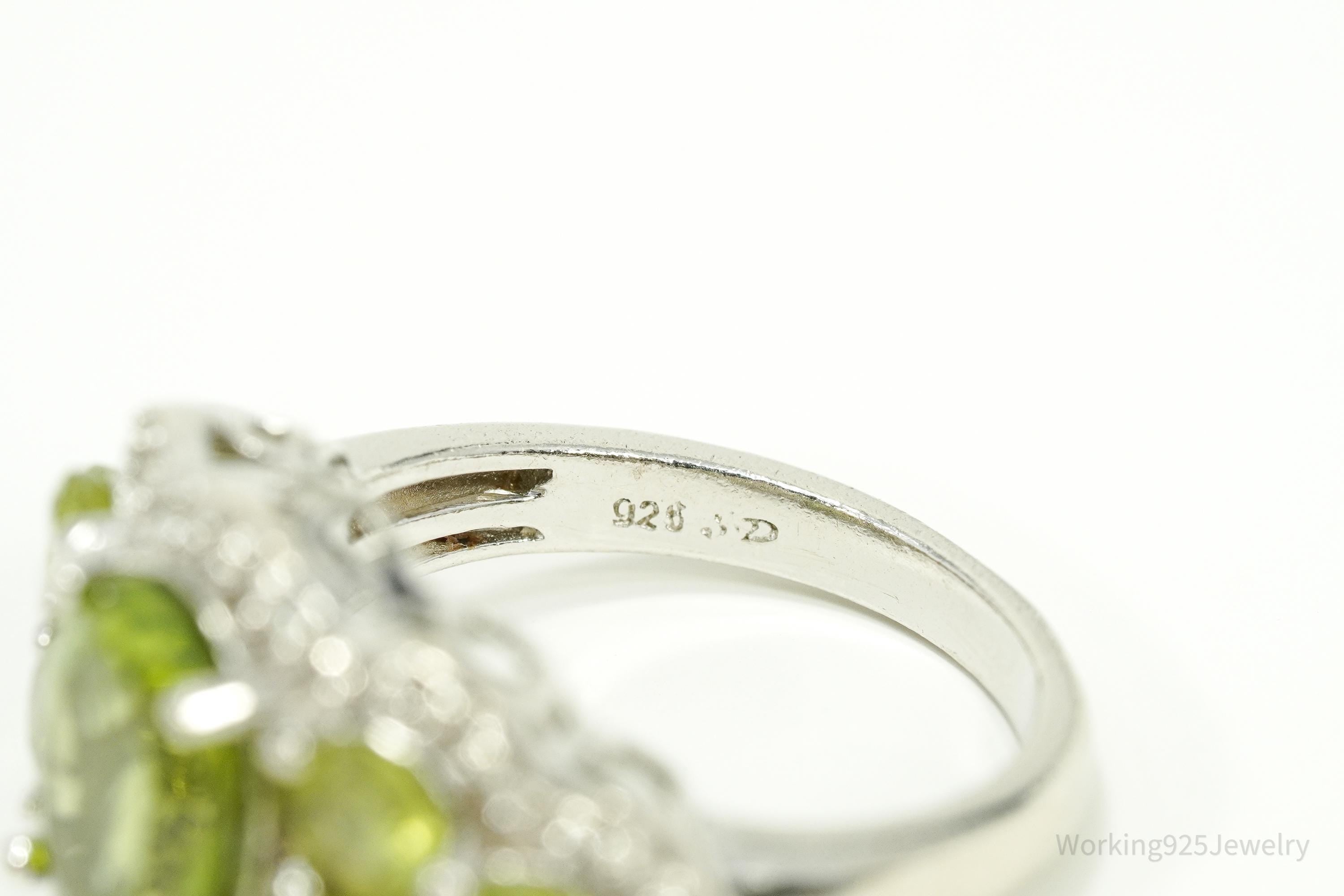 Green Peridot & White Zircon Rhodium Over Sterling Silver Ring - Size 7