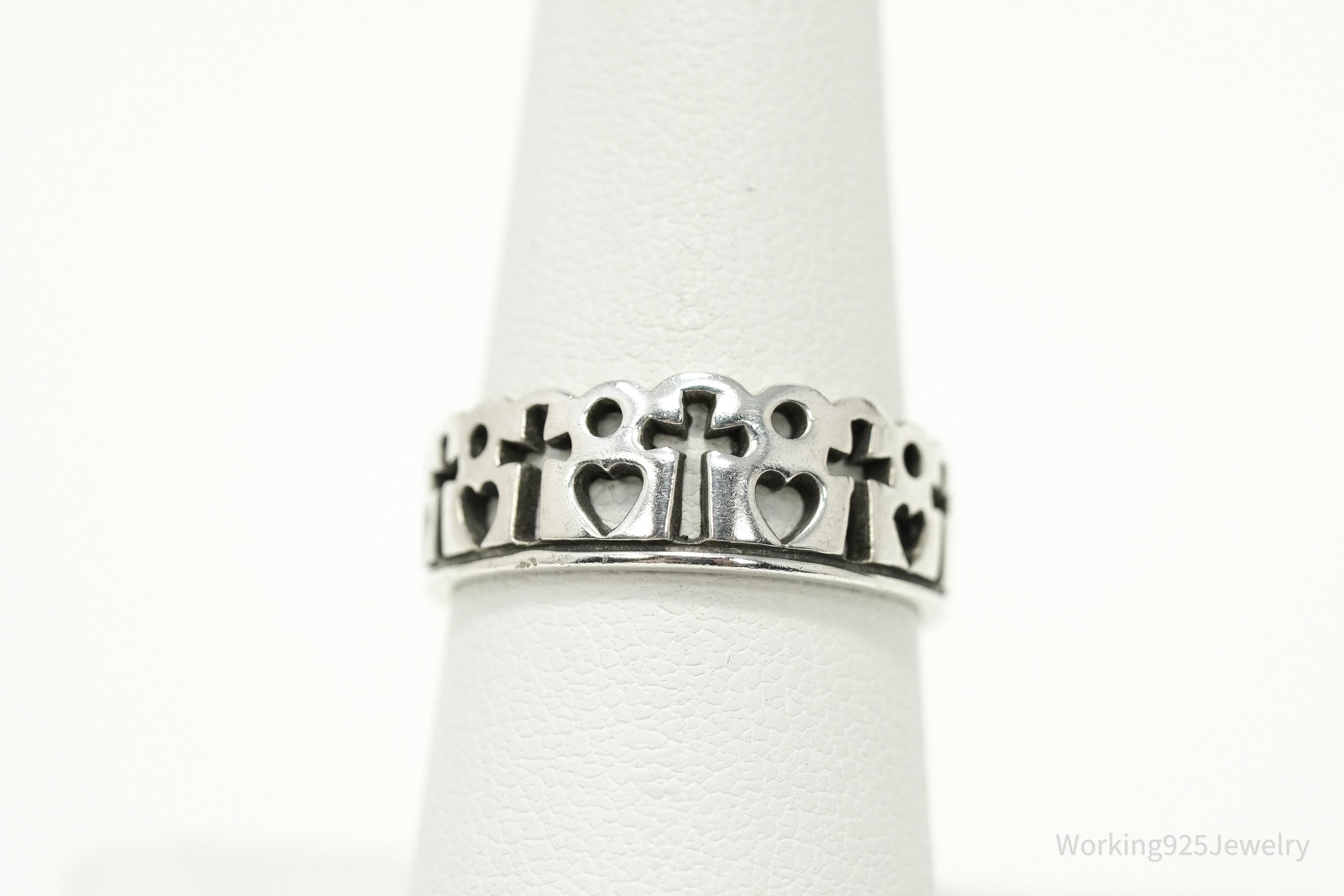 Vintage Hearts & Crosses Silver Ring - Size 7.5