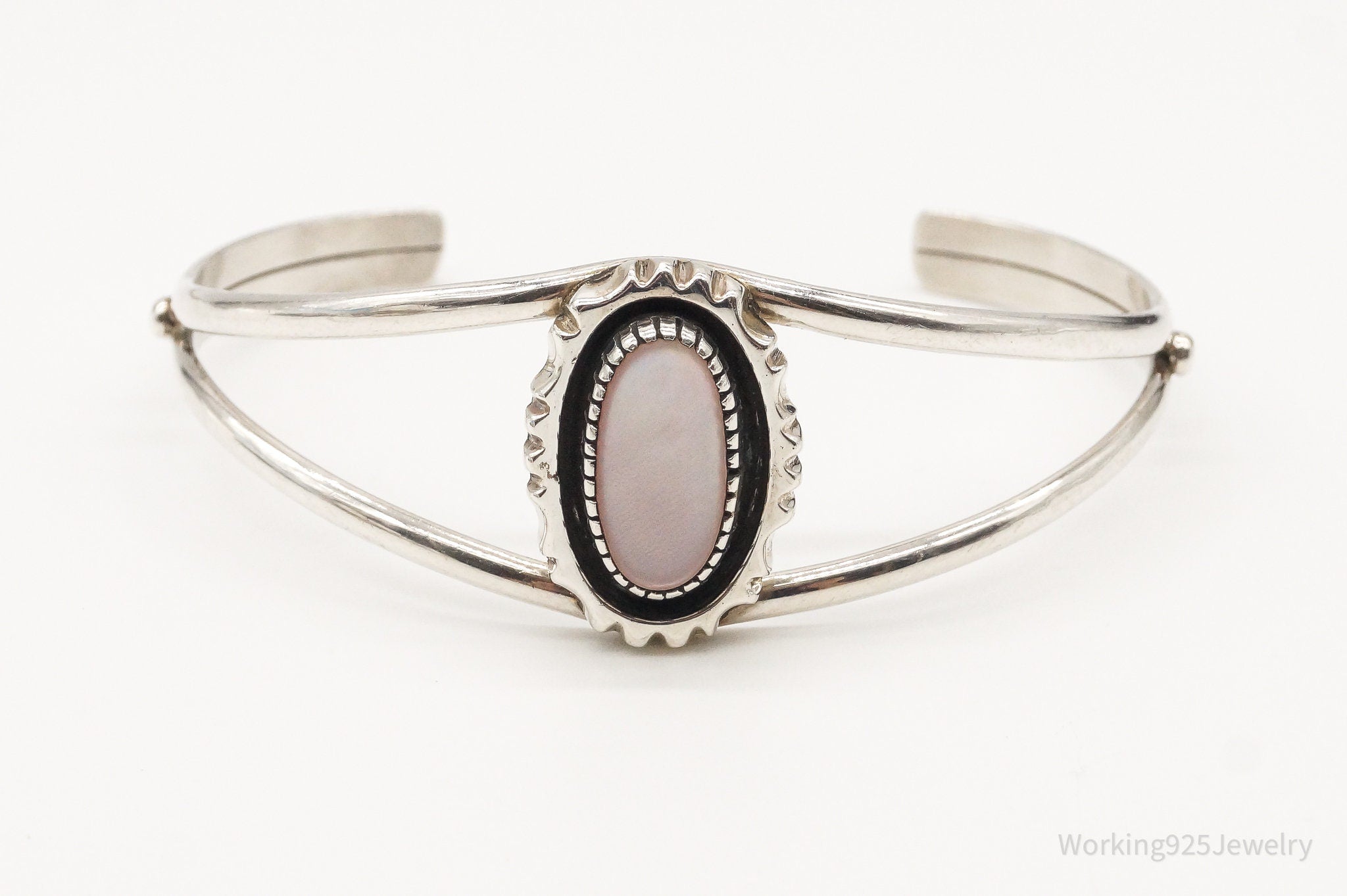 Vintage Native American Pink Mother Of Pearl Sterling Silver Cuff Bracelet