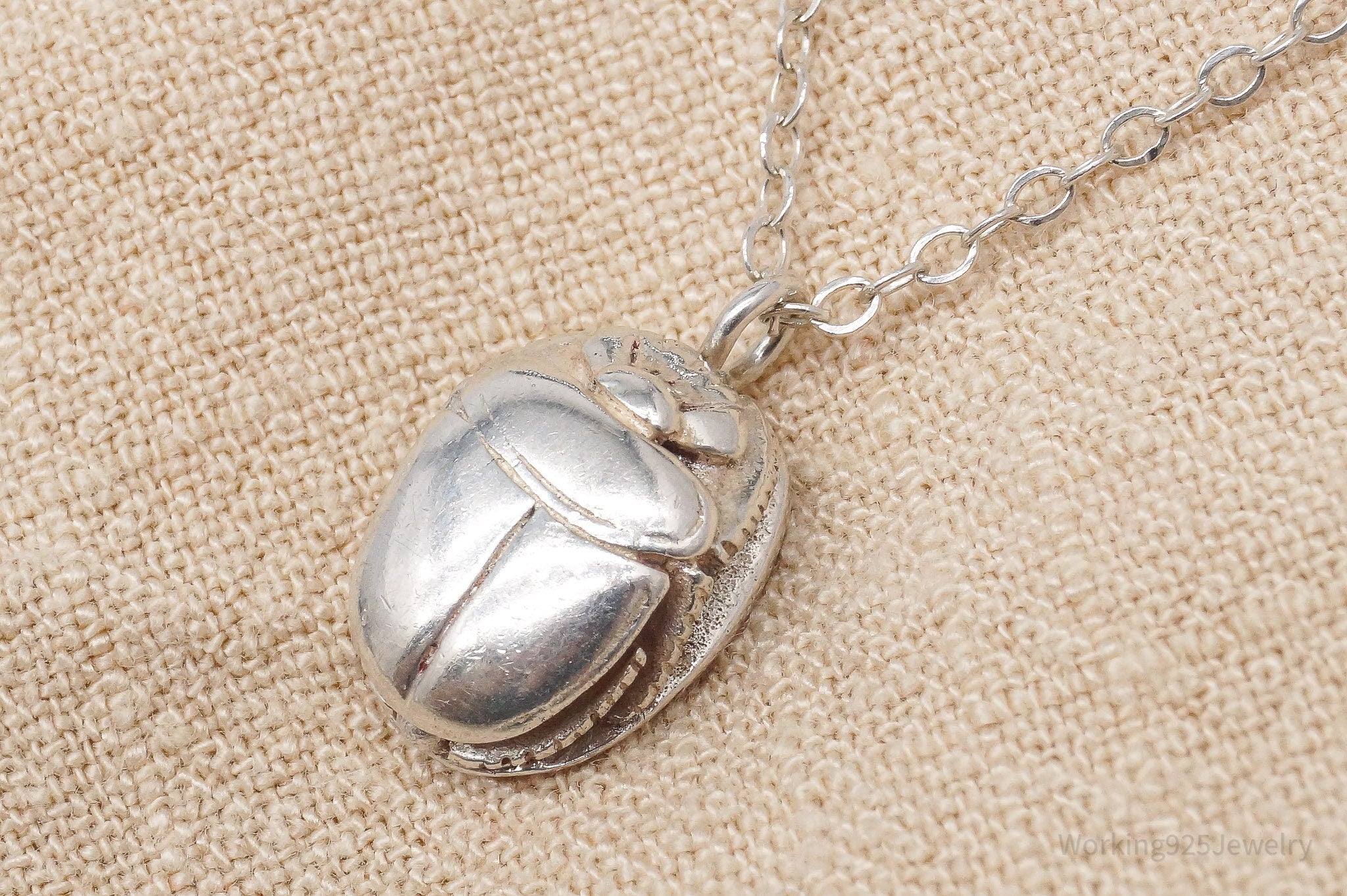 Vintage Egyptian Scarab Sterling Silver Necklace 18"