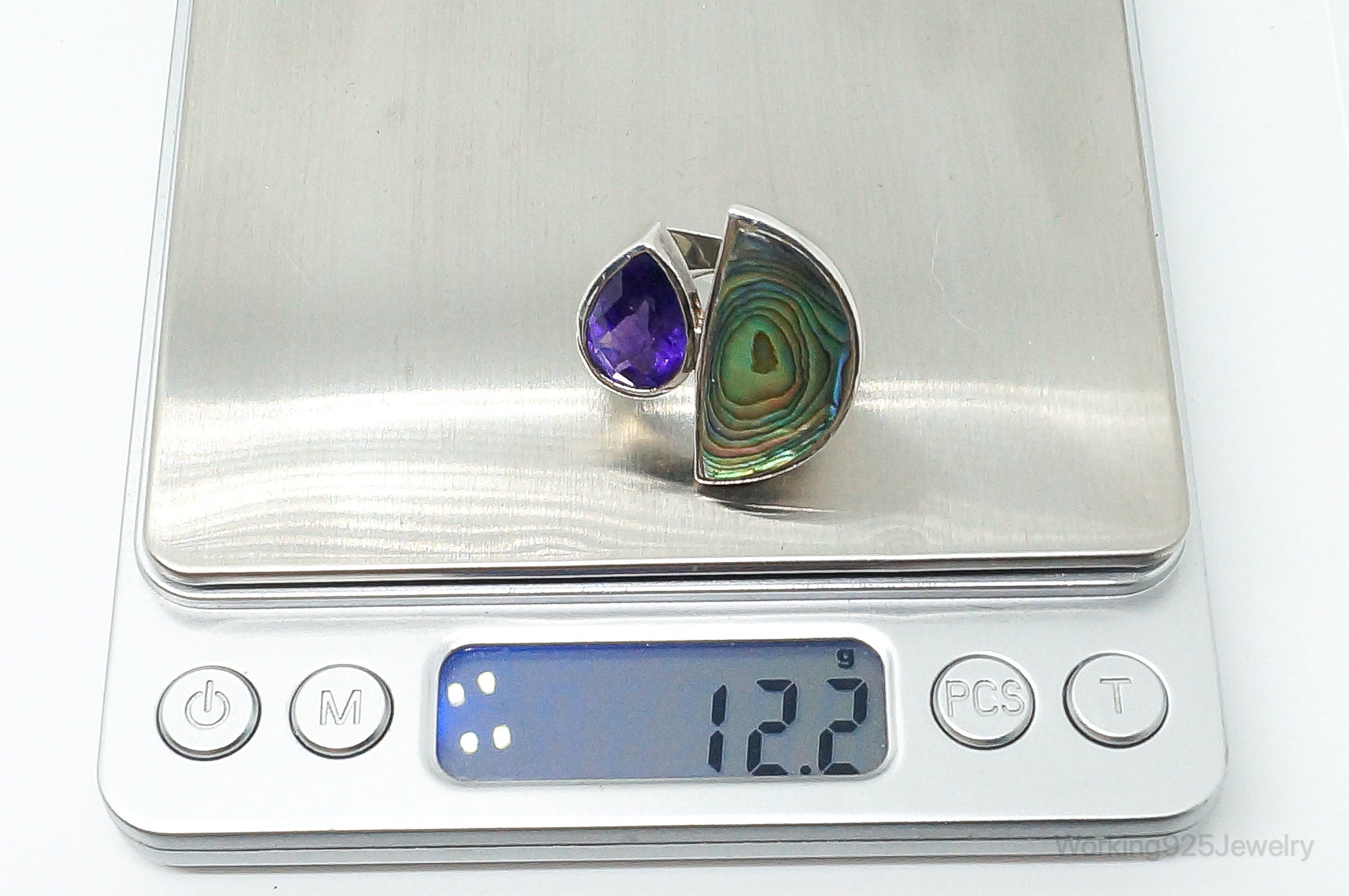 Vintage Paua Abalone Shell Amethyst Sterling Silver Ring - Size 9.25