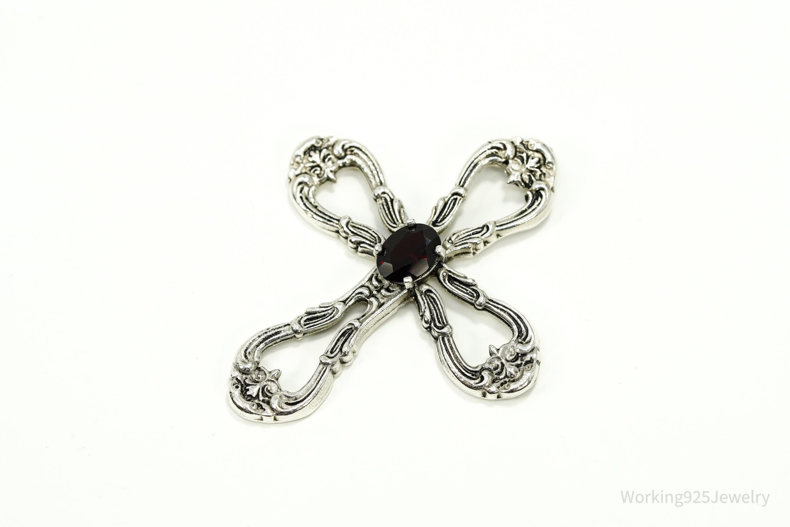 Vintage Designer Gorham Garnet Ornate Sterling Silver Cross Necklace Pendant