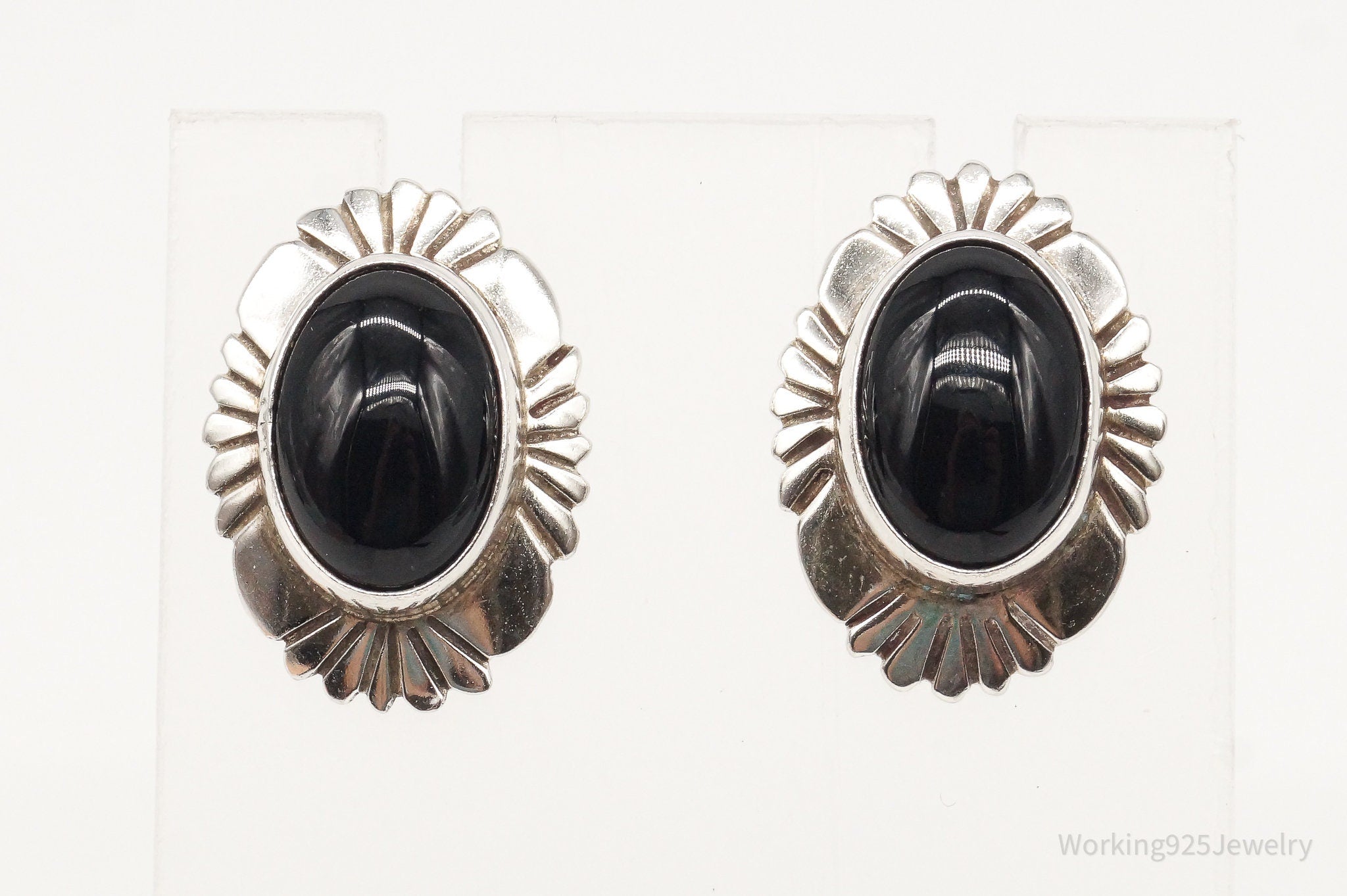 Vintage Native American EB Black Onyx Sterling Silver Earrings