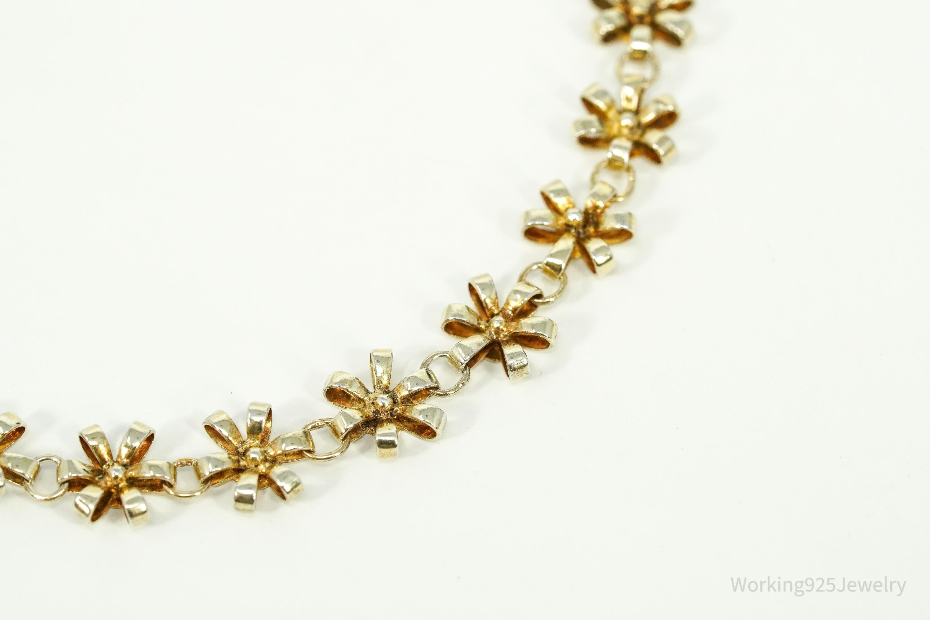 Vintage Flower Gold Vermeil Sterling Silver Bracelet 7.75"
