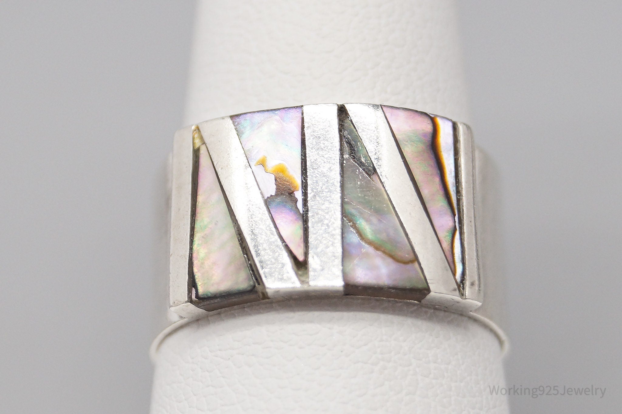 Vintage Paua Abalone Shell Inlay 950 Silver Band Ring - Size 8.5