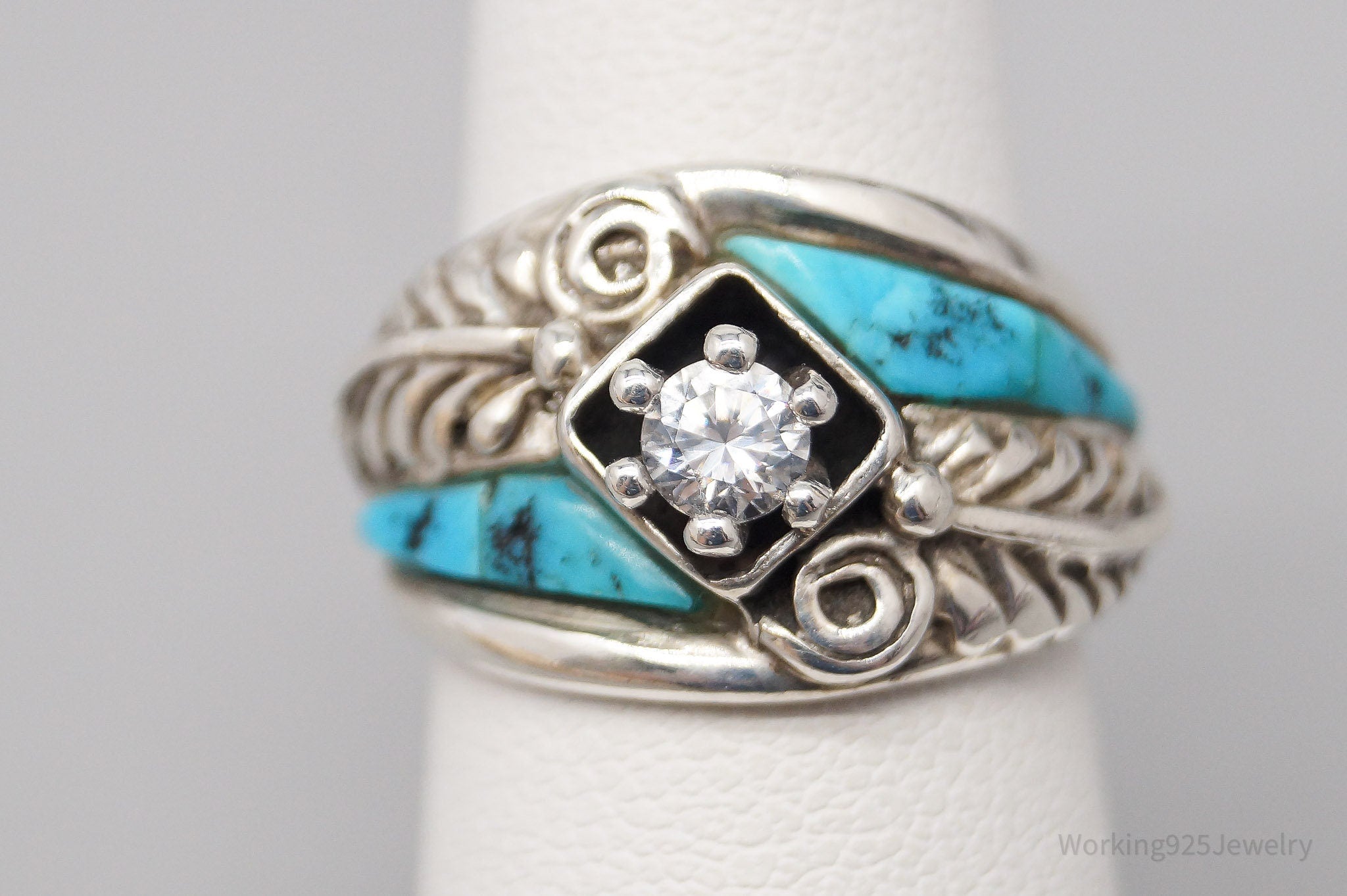 Vintage Carolyn Pollack Cubic Zirconia Turquoise Sterling Silver Ring SZ 5.25