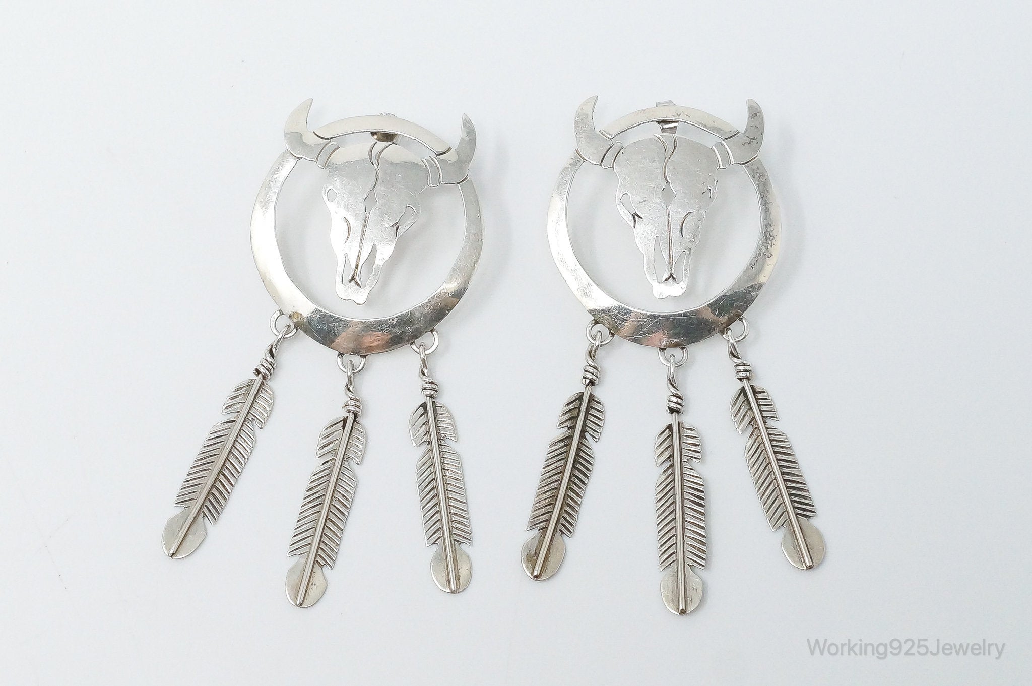 Vintage Native American WS Skull Dream Catcher Sterling Silver Earrings