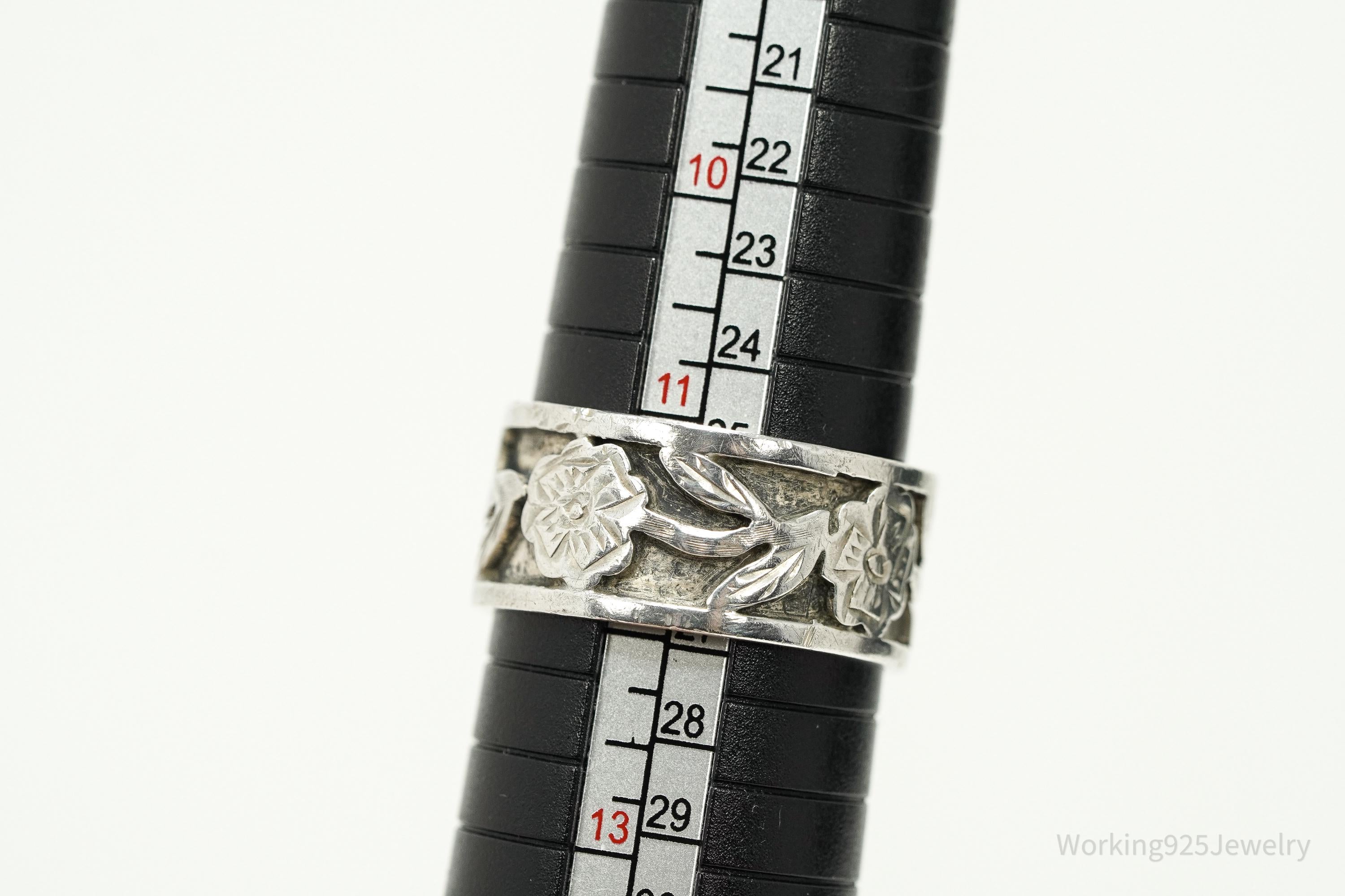 Vintage Mexico Flower Pattern Sterling Silver Ring - Size 12