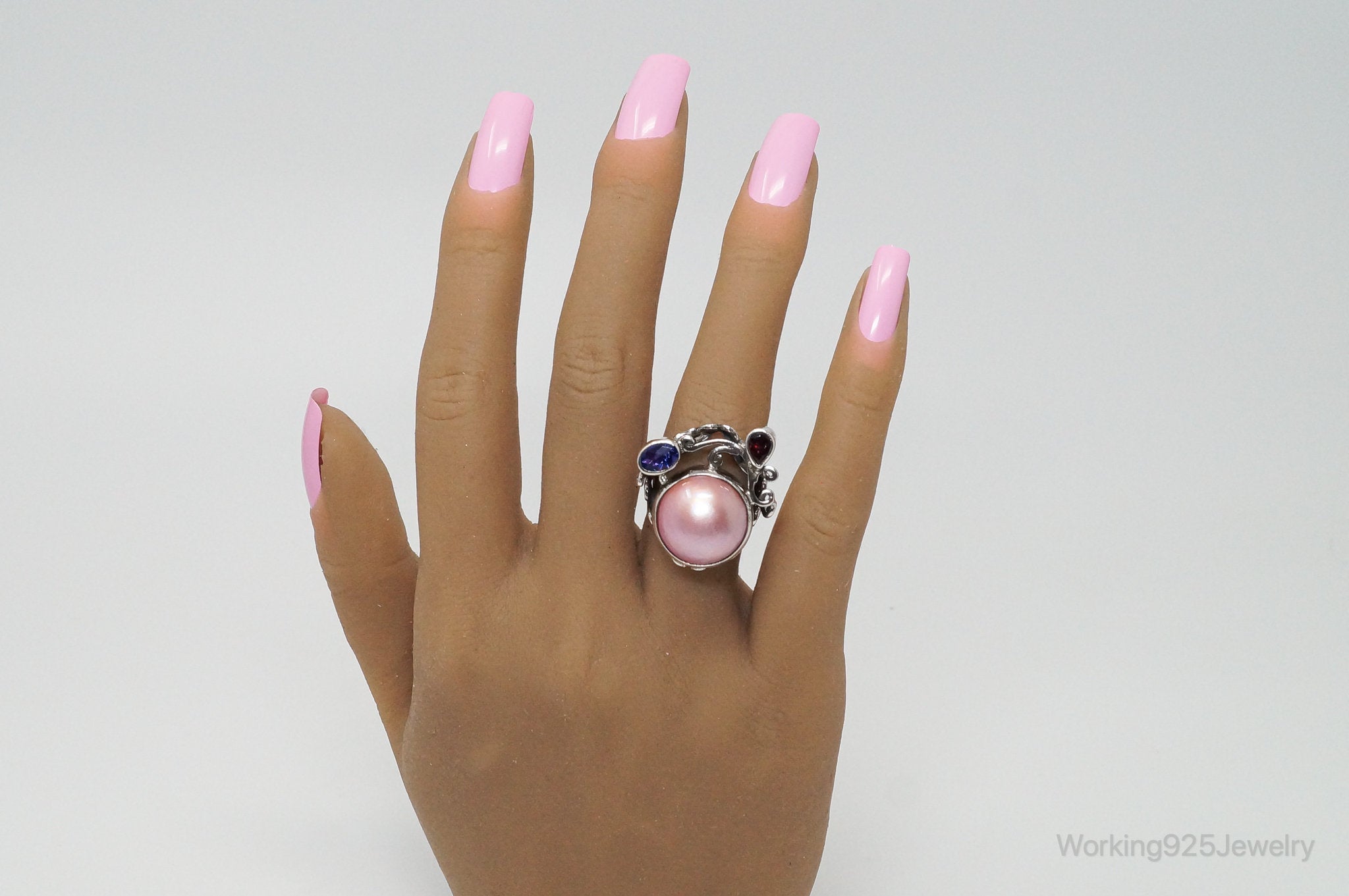 Designer BC Pink Pearl Amethyst Garnet Sterling Silver Statement Ring SZ 6.25