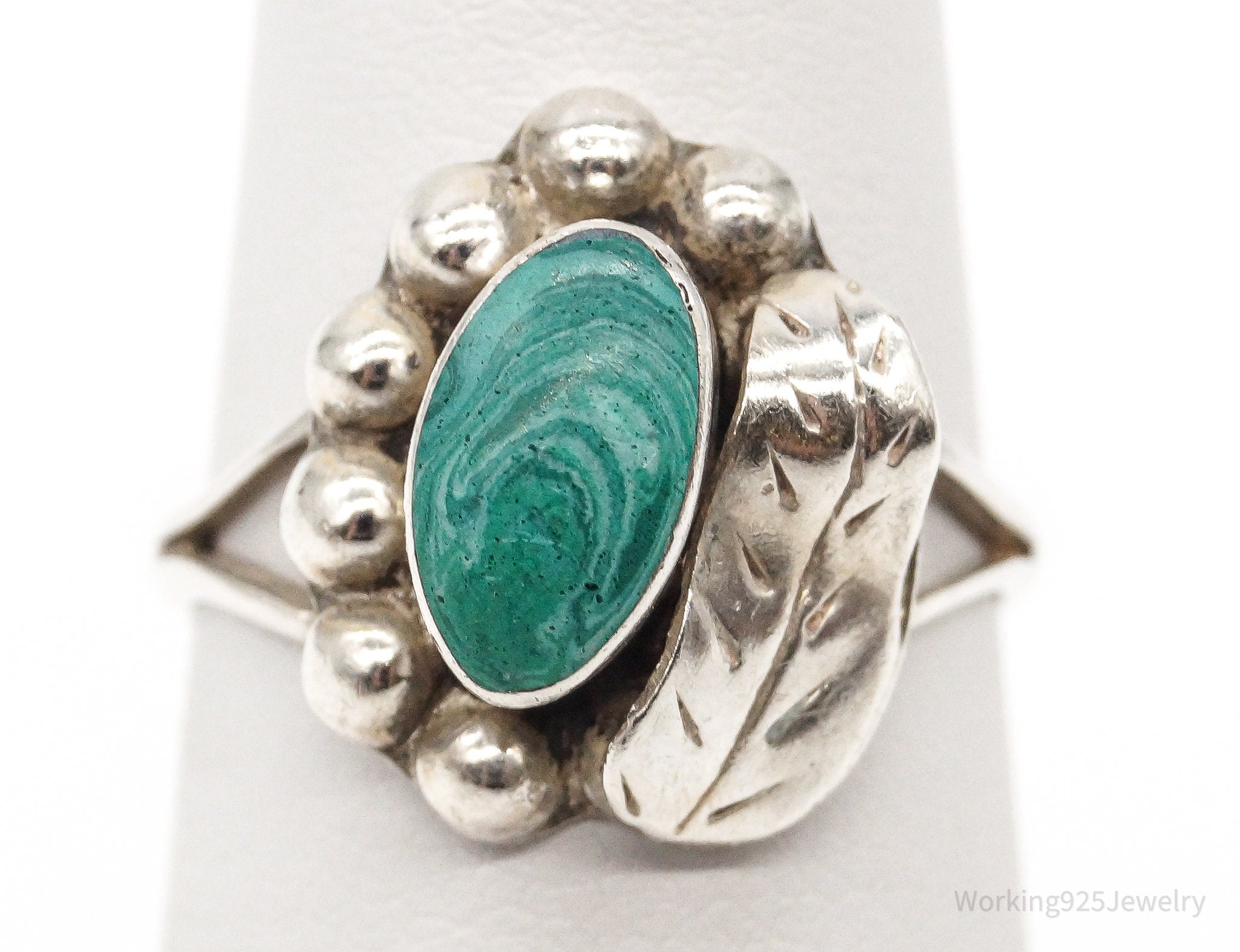 Vintage Mexico Malachite Southwestern Sterling Silver Ring - Size 6.25