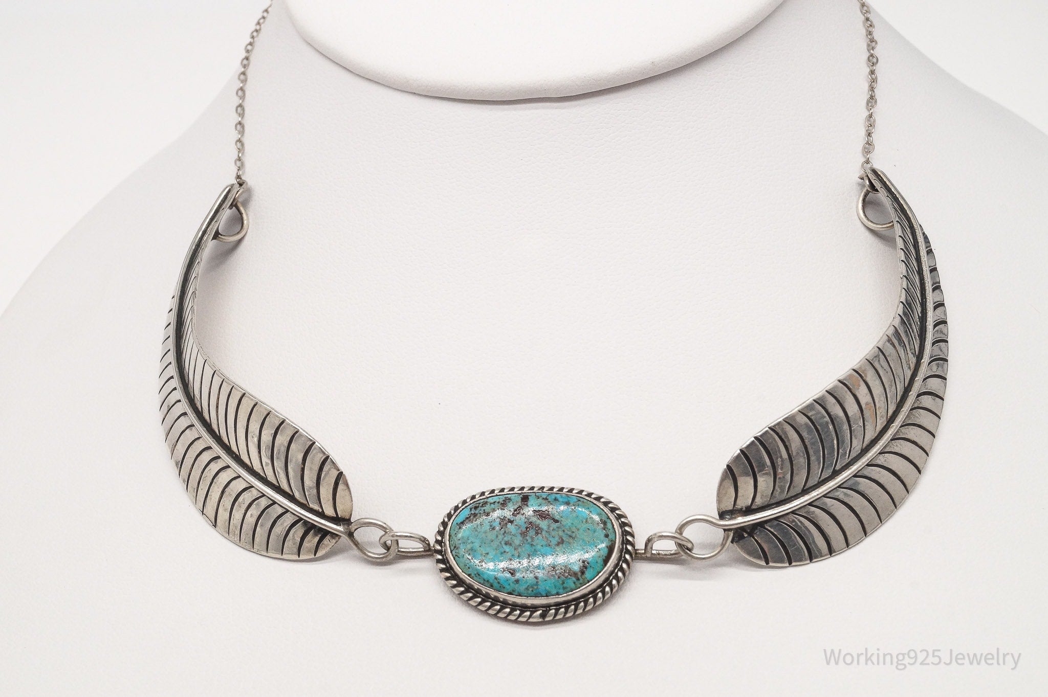 Vintage Native American J Hawk Turquoise Sterling Silver Necklace