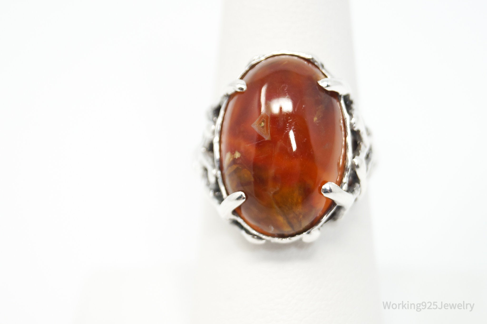 Vintage Red Agate Brutalist Sterling Silver Ring - Sz 7.5