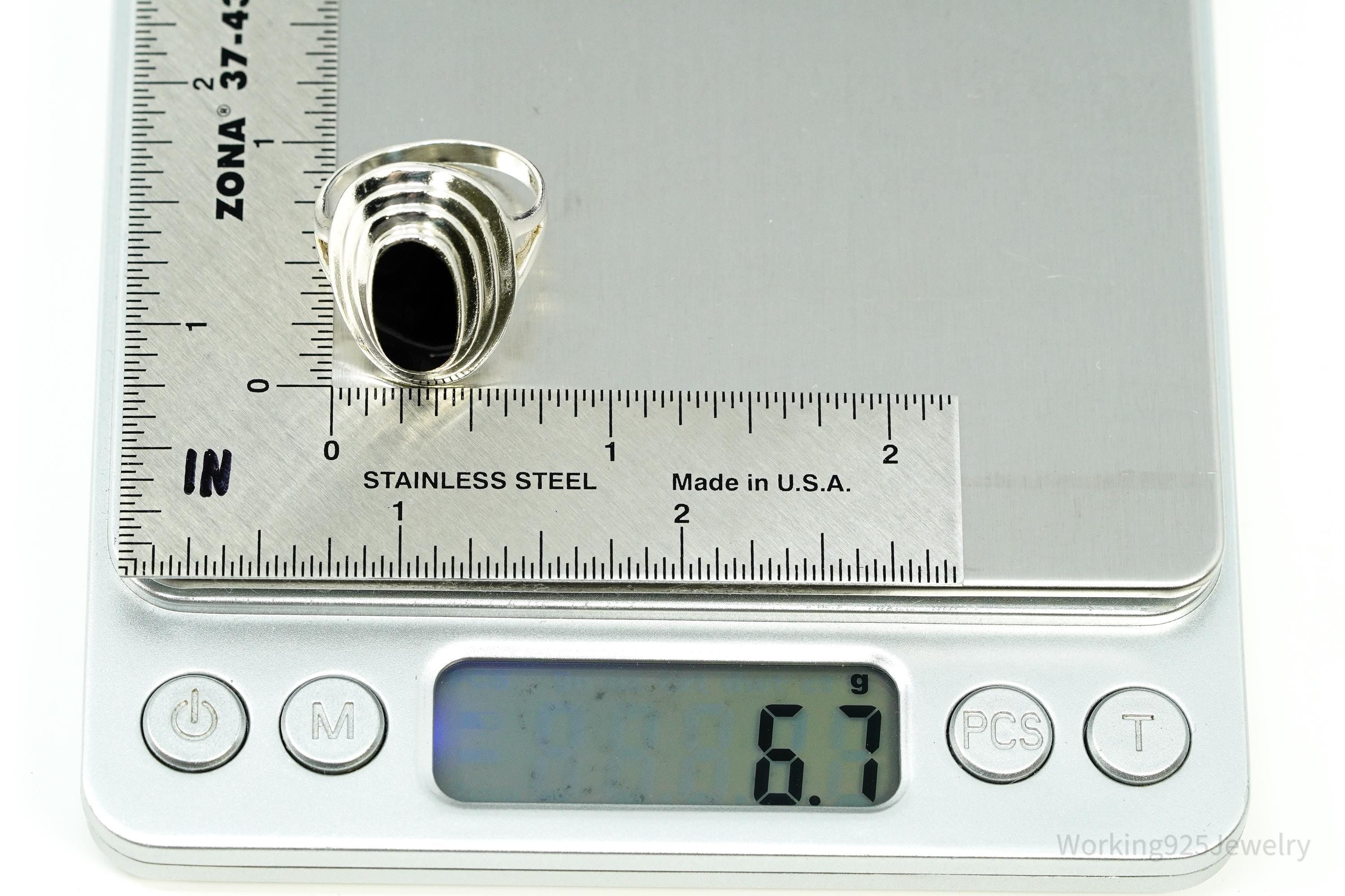 Vintage Black Onyx Modernist Style Sterling Silver Ring - Size 9.25