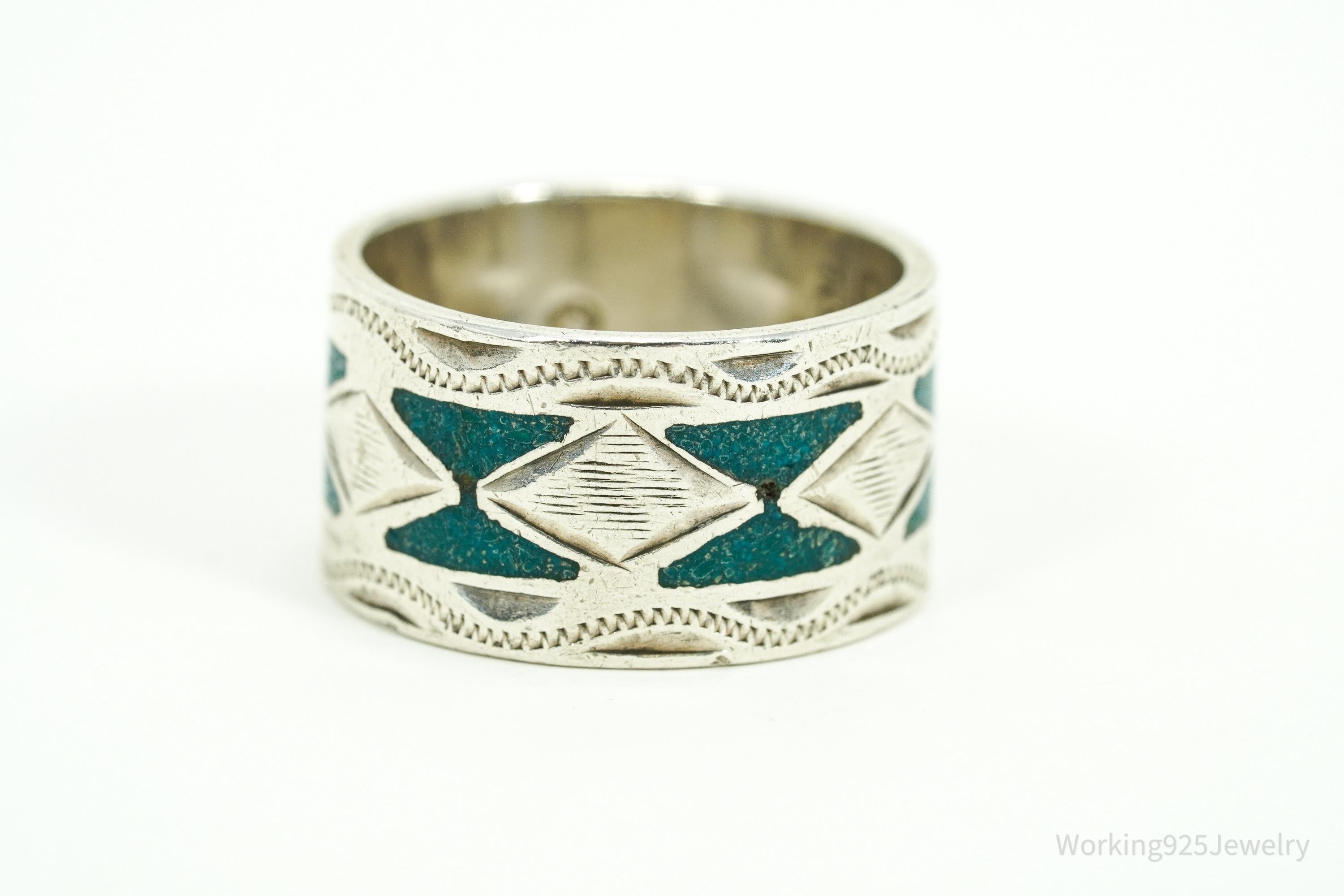 Vintage Mexico JGM Turquoise Inlay Sterling Silver Ring - Size 7.25