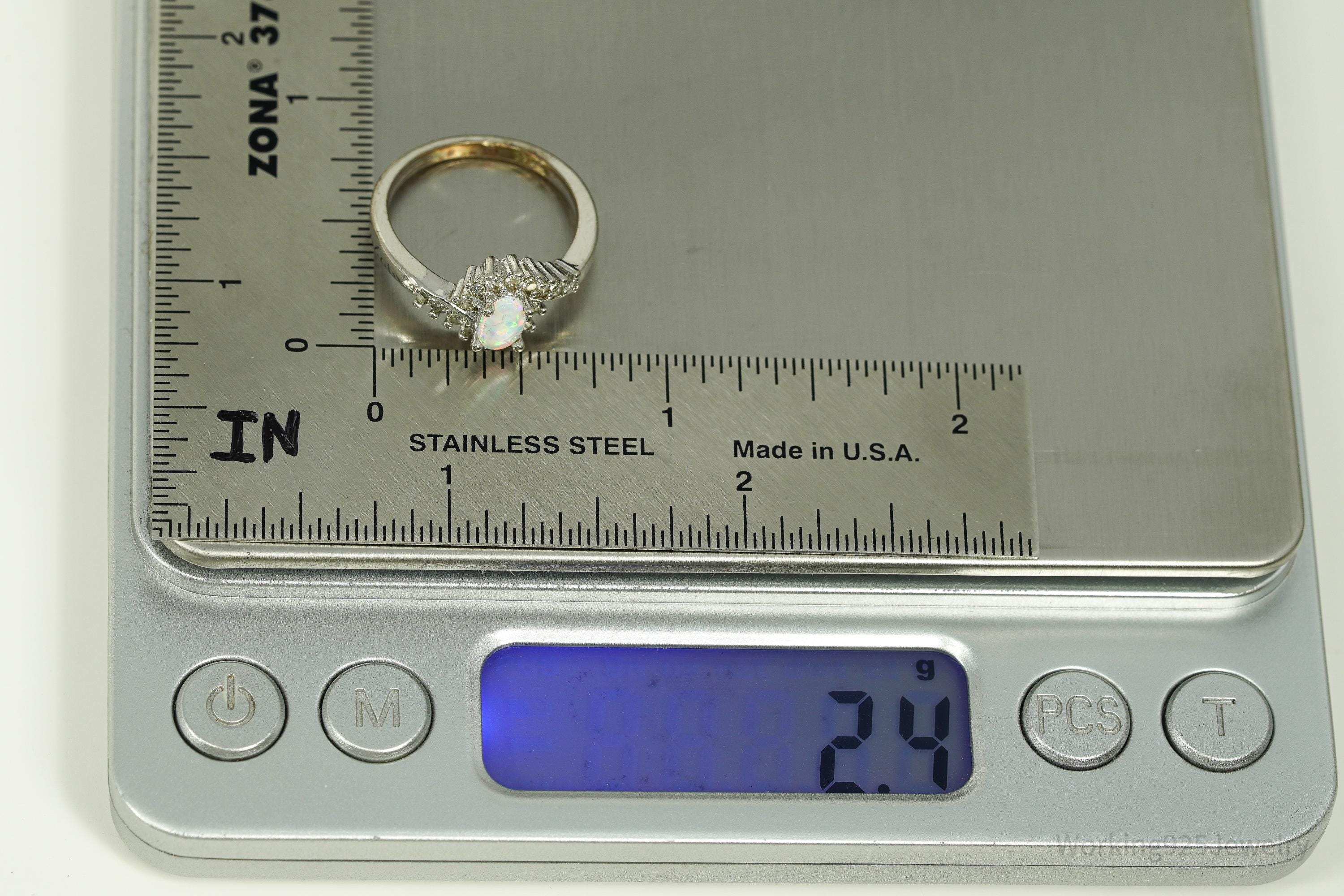 Vintage Opal & Cubic Zirconia Sterling Silver Plated Ring - Size 6