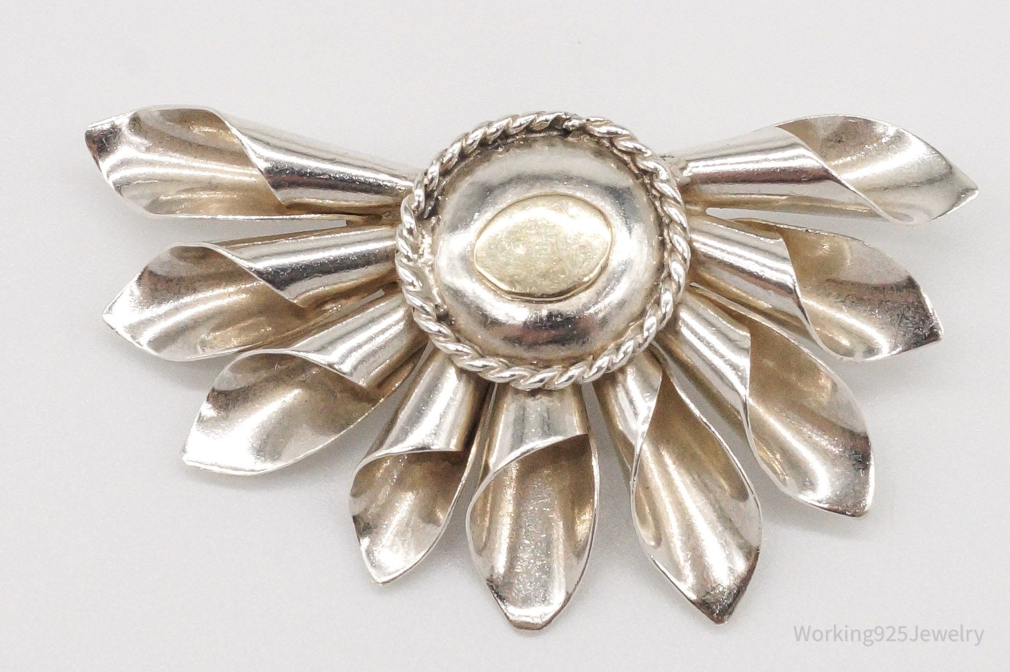 Vintage Modernist Half Flower Style Silver Brooch Pin