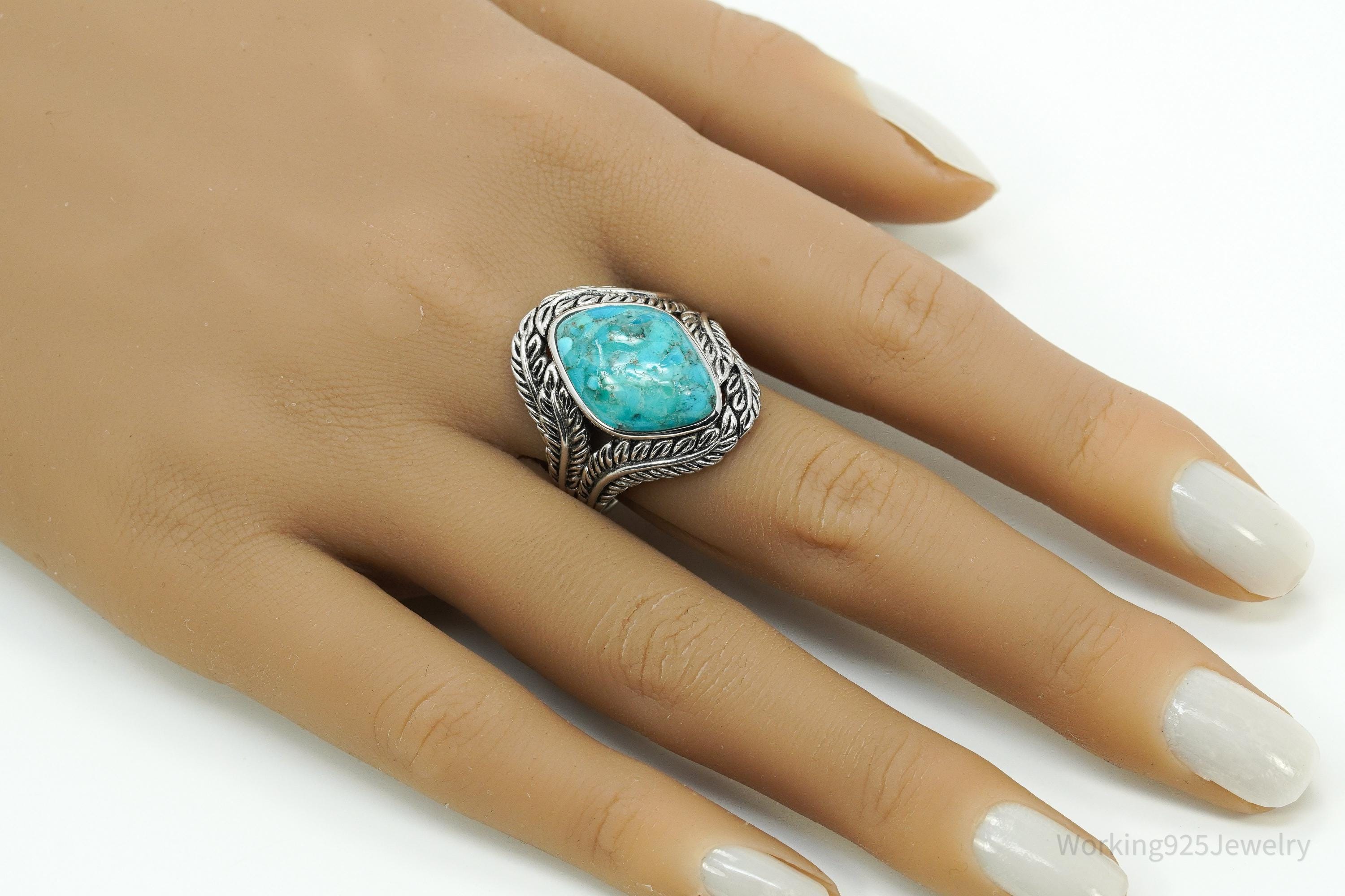 Designer BBJ Turquoise Wrapped Feathers Leaves Design Sterling Silver Ring - Size 12