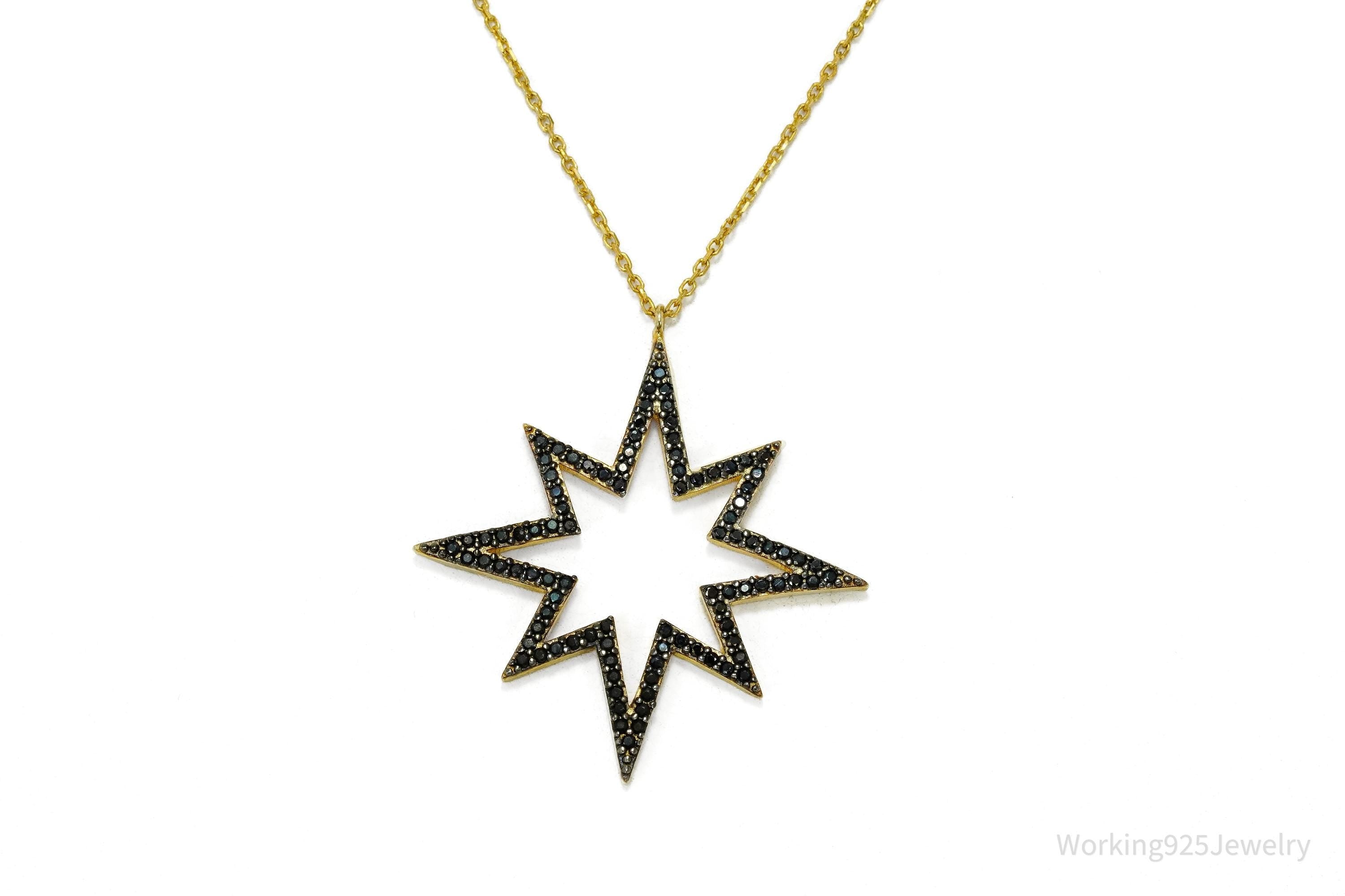 Vintage Pave Black Spinel Star Gold Vermeil Sterling Silver Necklace 17"