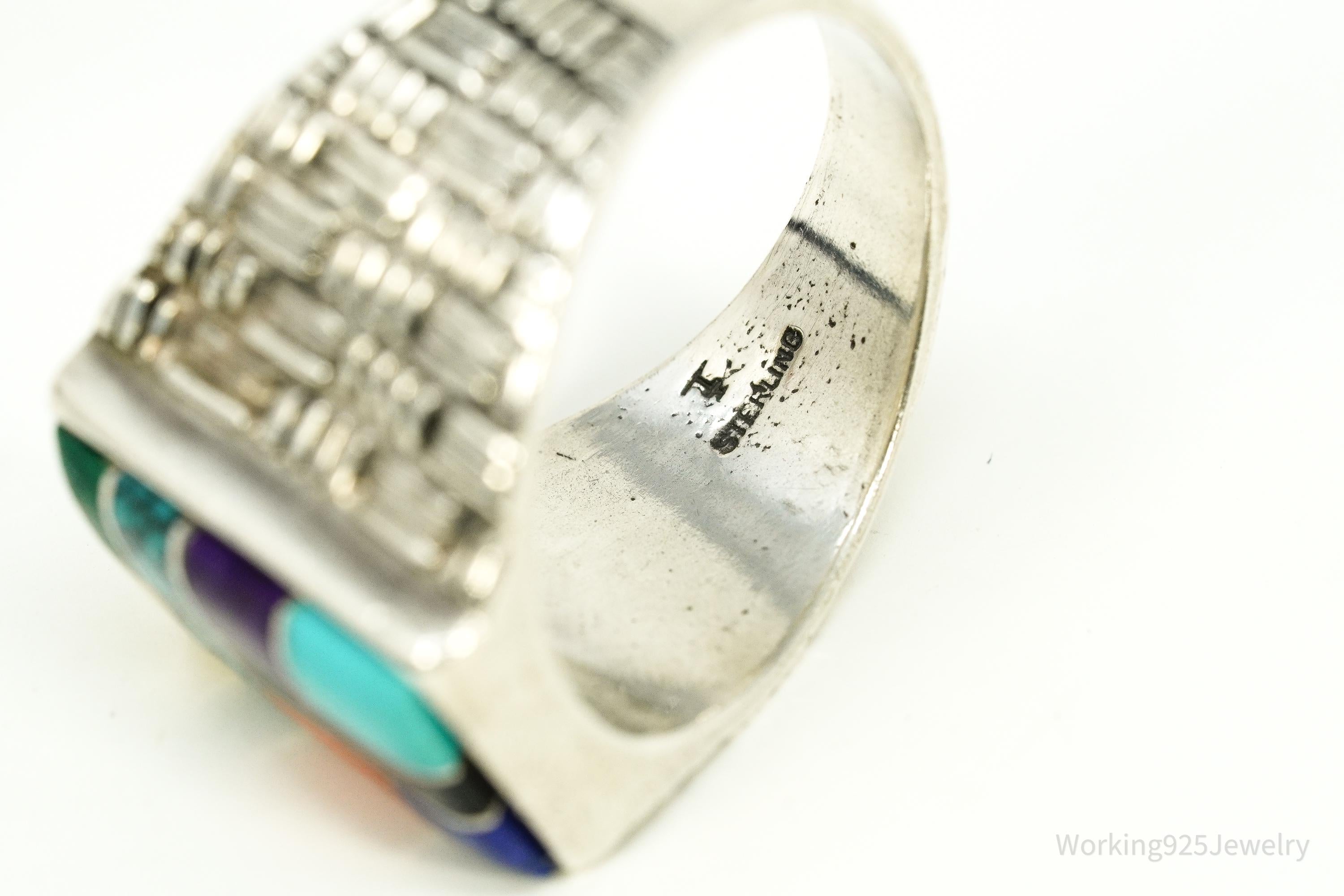 Vintage Native American Multi Gemstone Inlay Sterling Silver Ring - Size 12