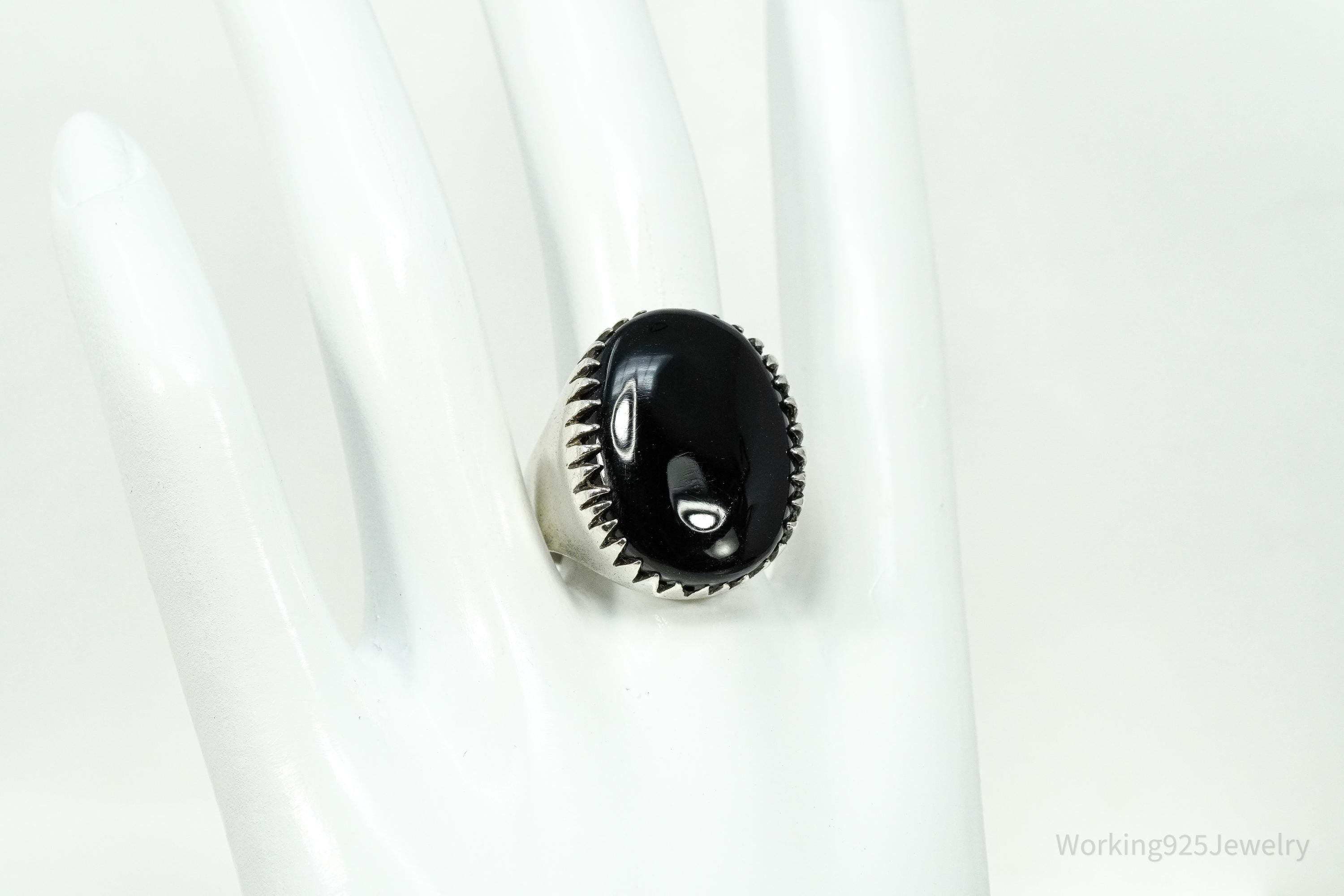 Vintage Large Black Onyx Sterling Silver Ring - Size 8.25