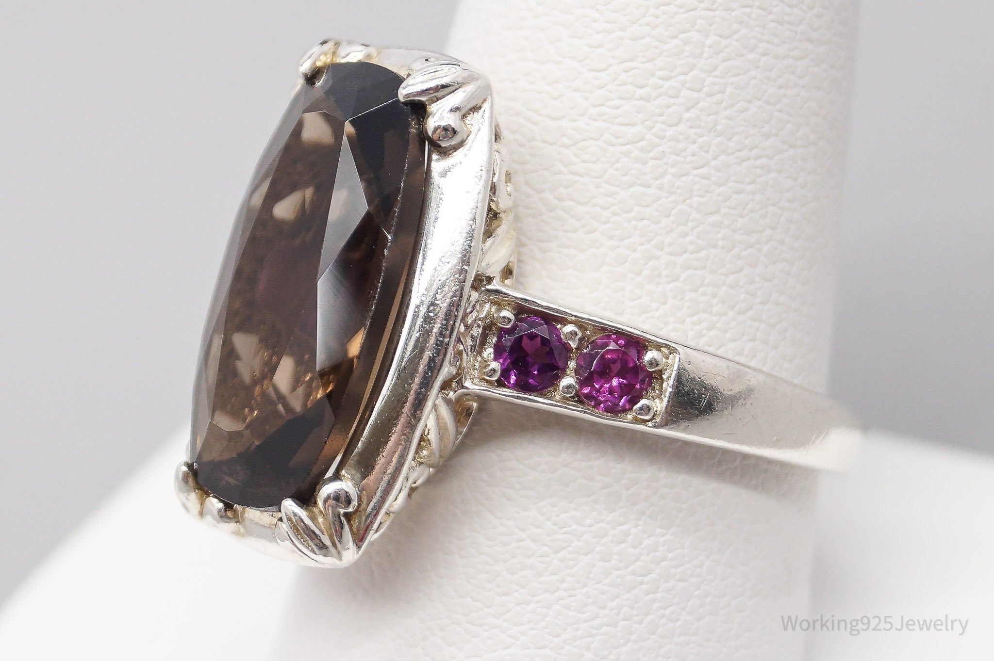 Vintage Large Smoky Topaz & Pink Tourmaline Sterling Silver Ring - Size 10.25