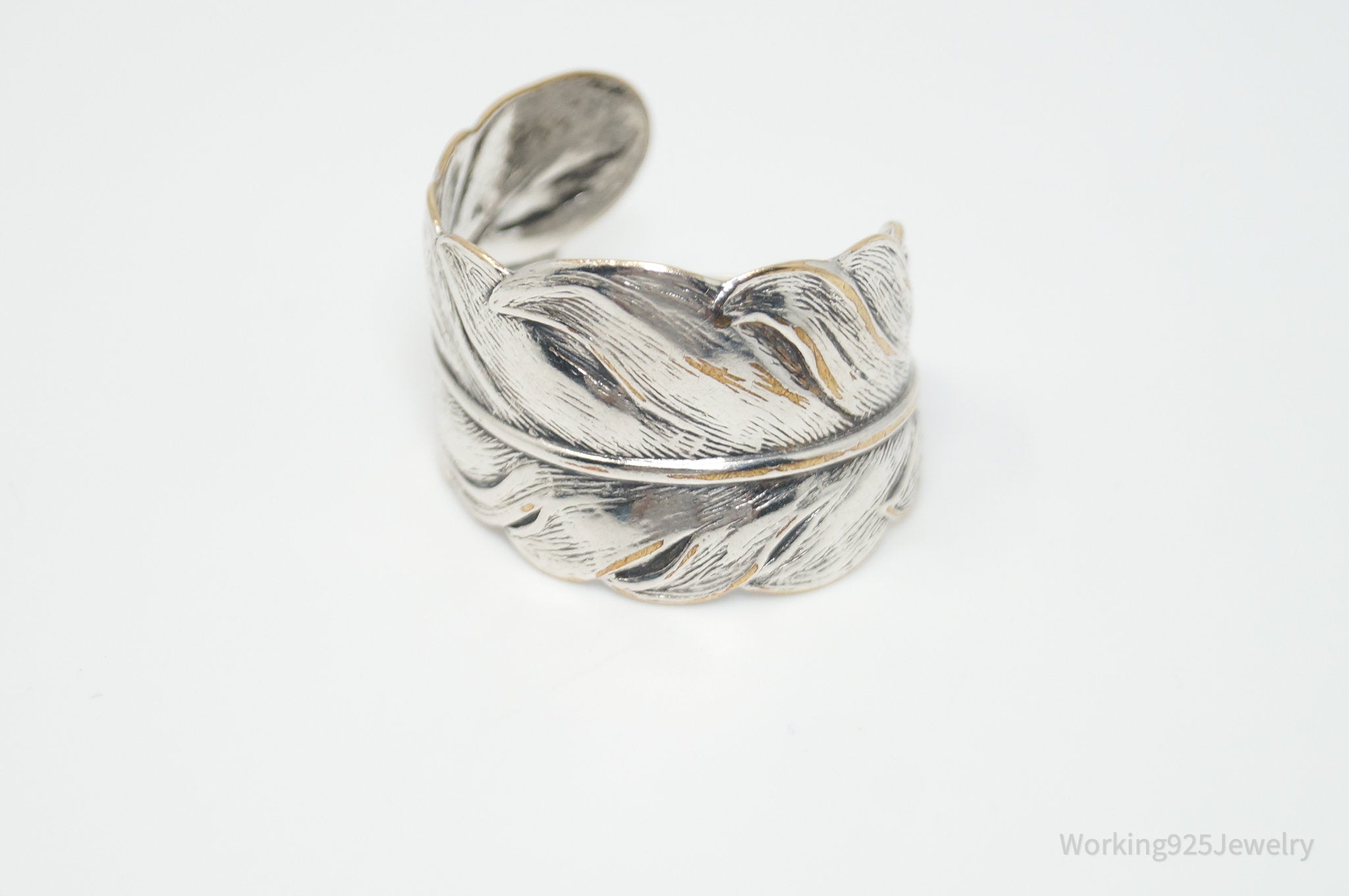 Vintage Large Feather Wrap Silver Plated Ring - Sz 11.25