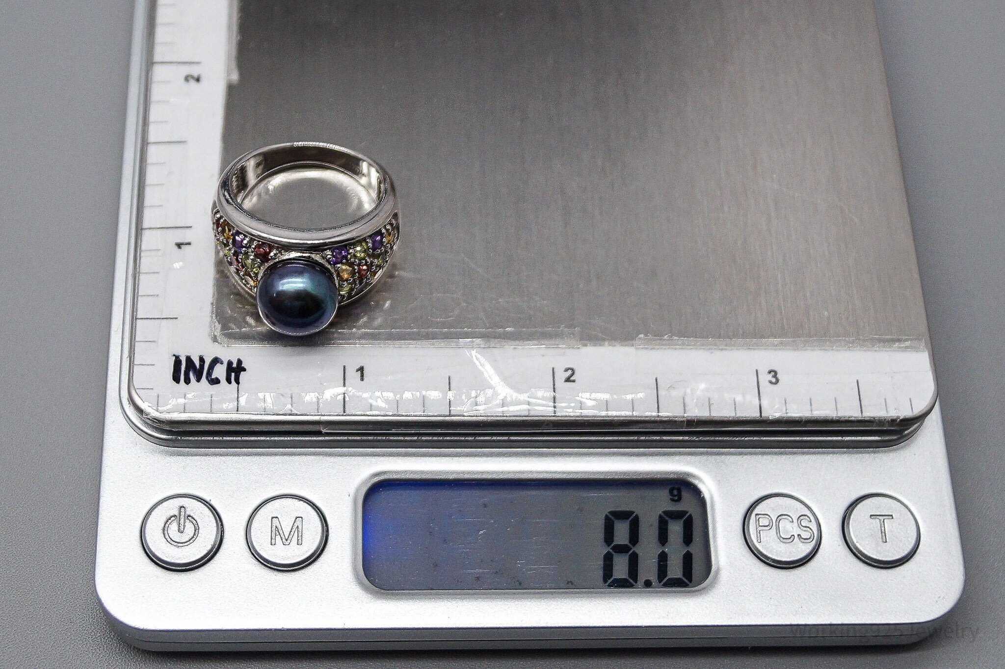 Vintage Designer Pearl & Multi Gem Sterling Silver Ring - Size 8