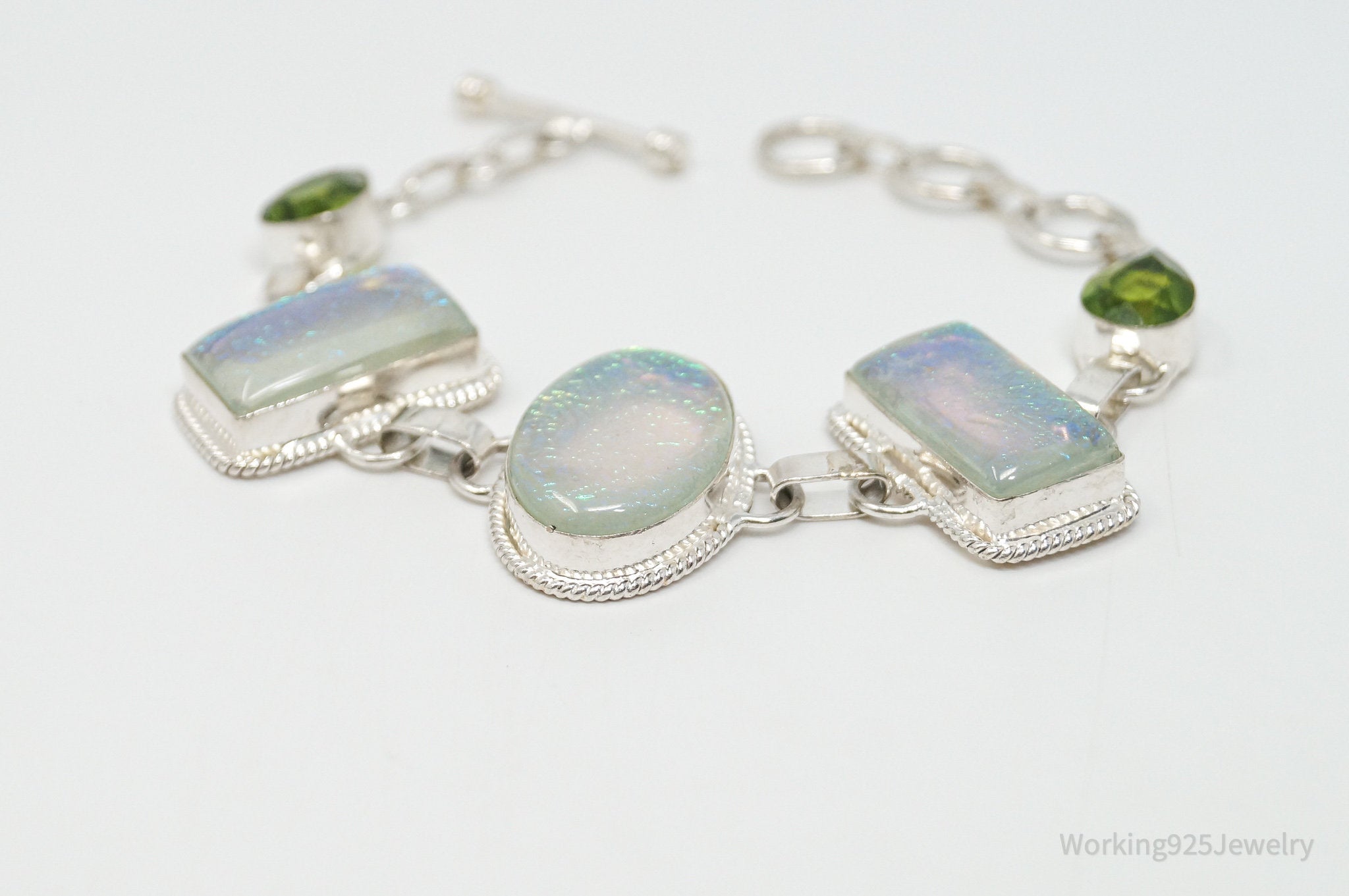 Vintage Rainbow Dichroic Glass Peridot Sterling Silver Toggle Bracelet