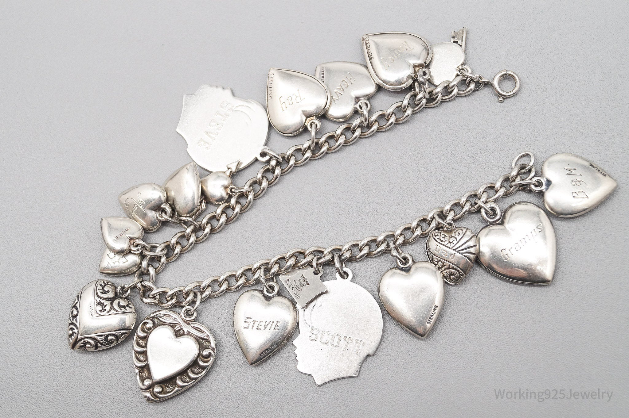 Antique Vintage Puffy Hearts Charms Sterling Silver Charm Bracelet