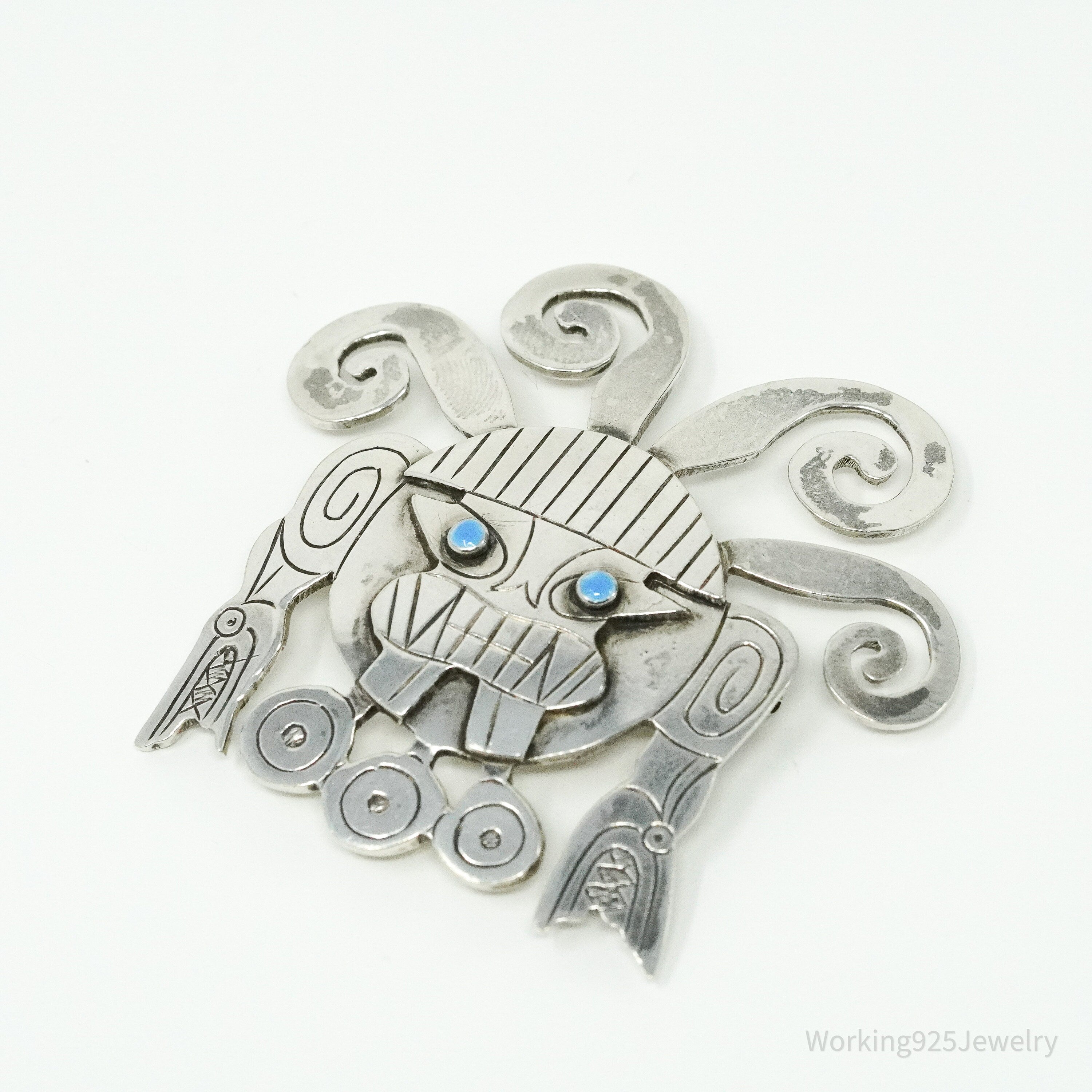 Large Vintage Aztec Mayan Sterling Silver Brooch Pin