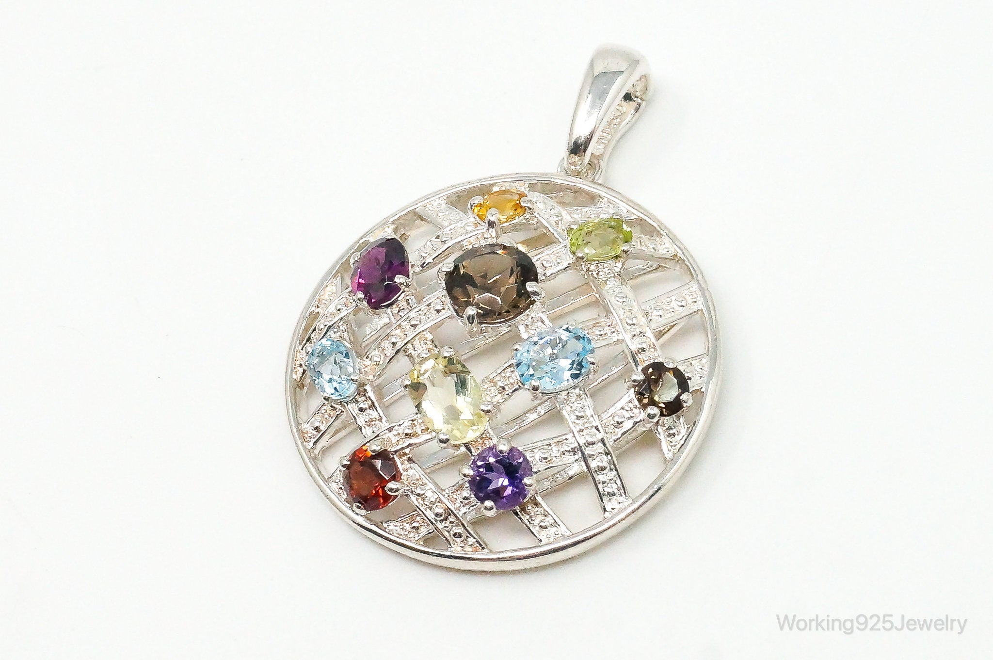 Vintage Multi Gemstone Sterling Silver Necklace Pendant