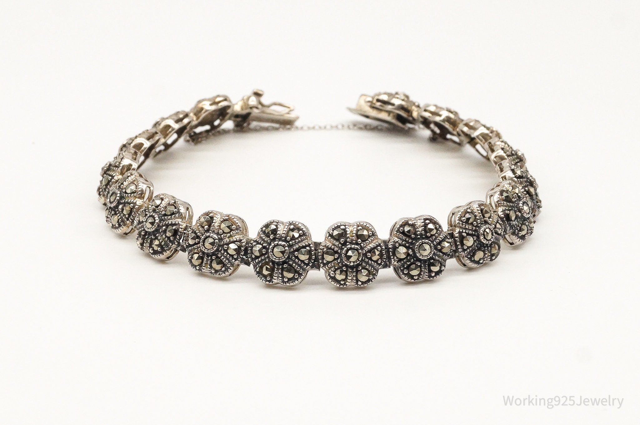 Vintage Marcasite Flowers Sterling Silver Bracelet